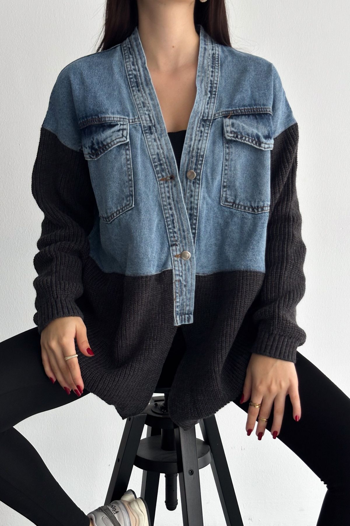 FURKAN EXCLUSIVE-Women's Anthracite Knitwear Detailed Design Denim Jacket 3