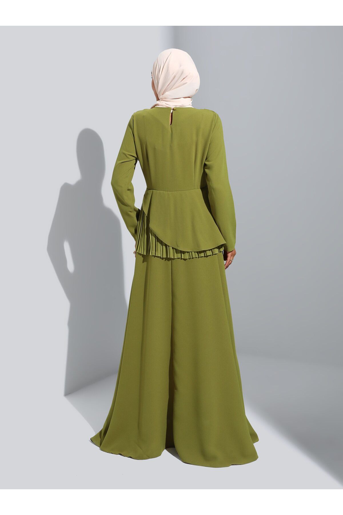 Refka-Chiffon Pleated Detailed Hijab Evening Dress - Oil Green - 4