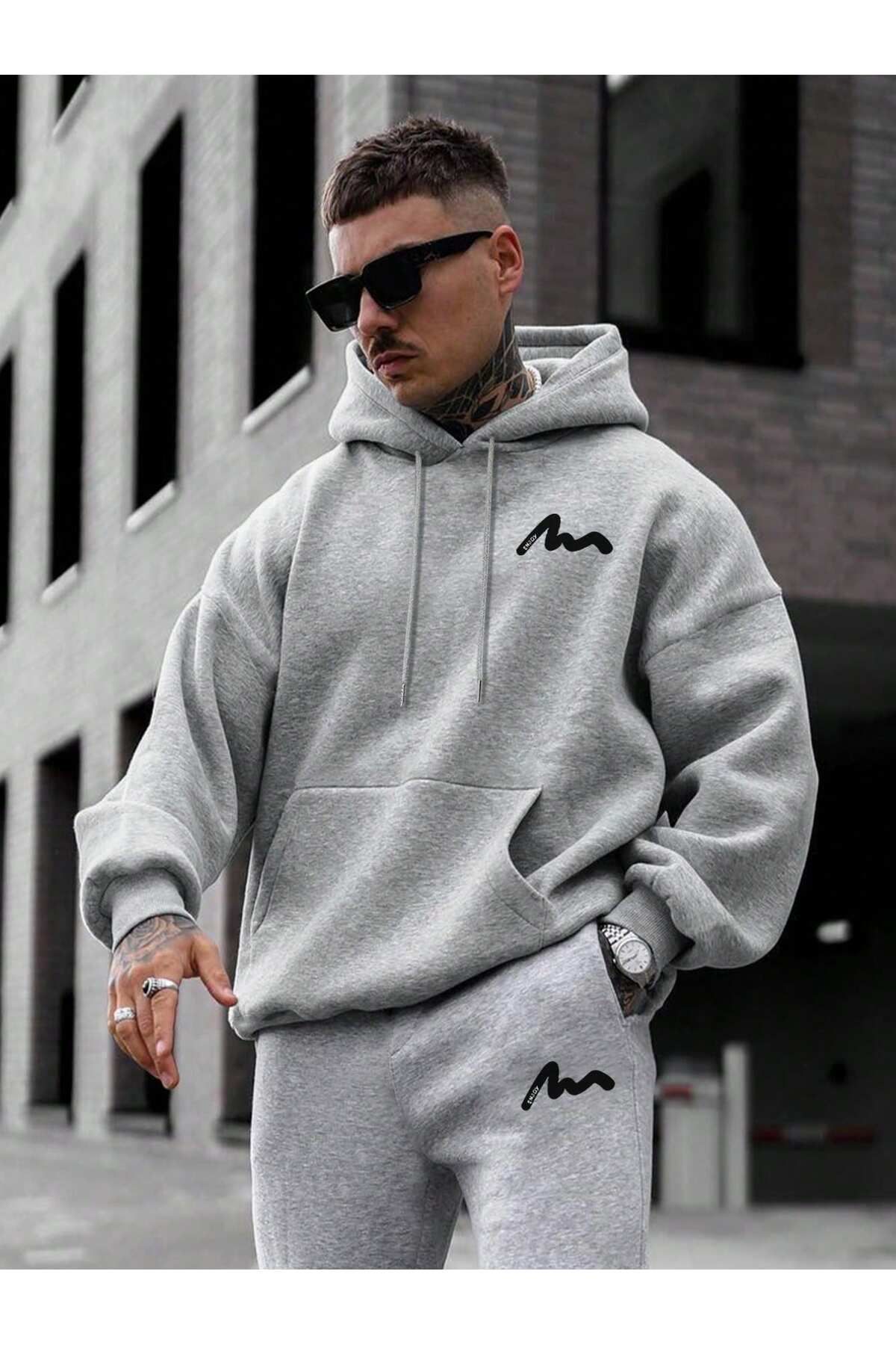 MODARİCH-Enjoy Gray Striped Sweatshirt and Jogger Tracksuit Set - Hooded 1