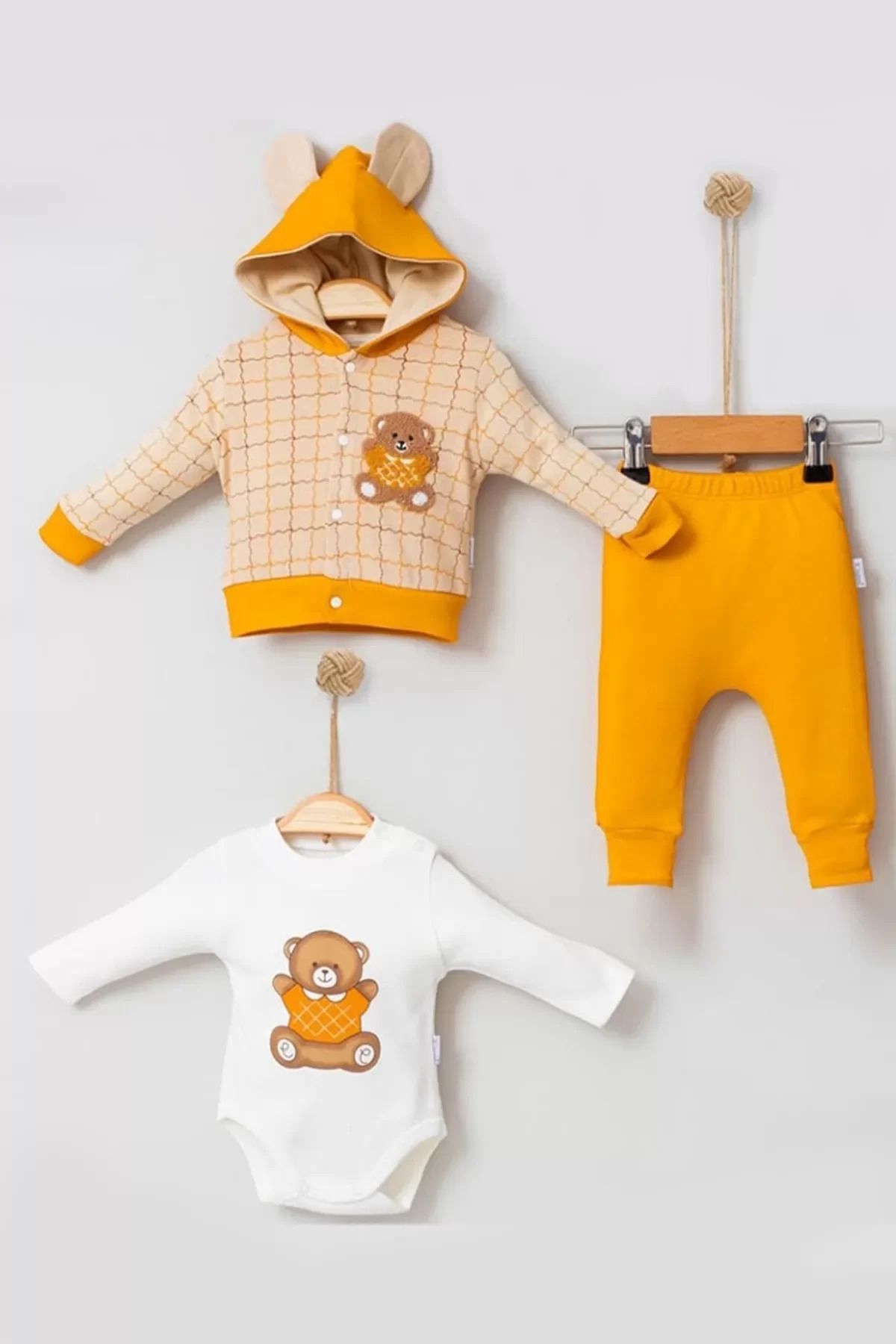 dalinda Bear Çizgili % 100 Pamuk Hırkalı 3'lü Bebek Takımı