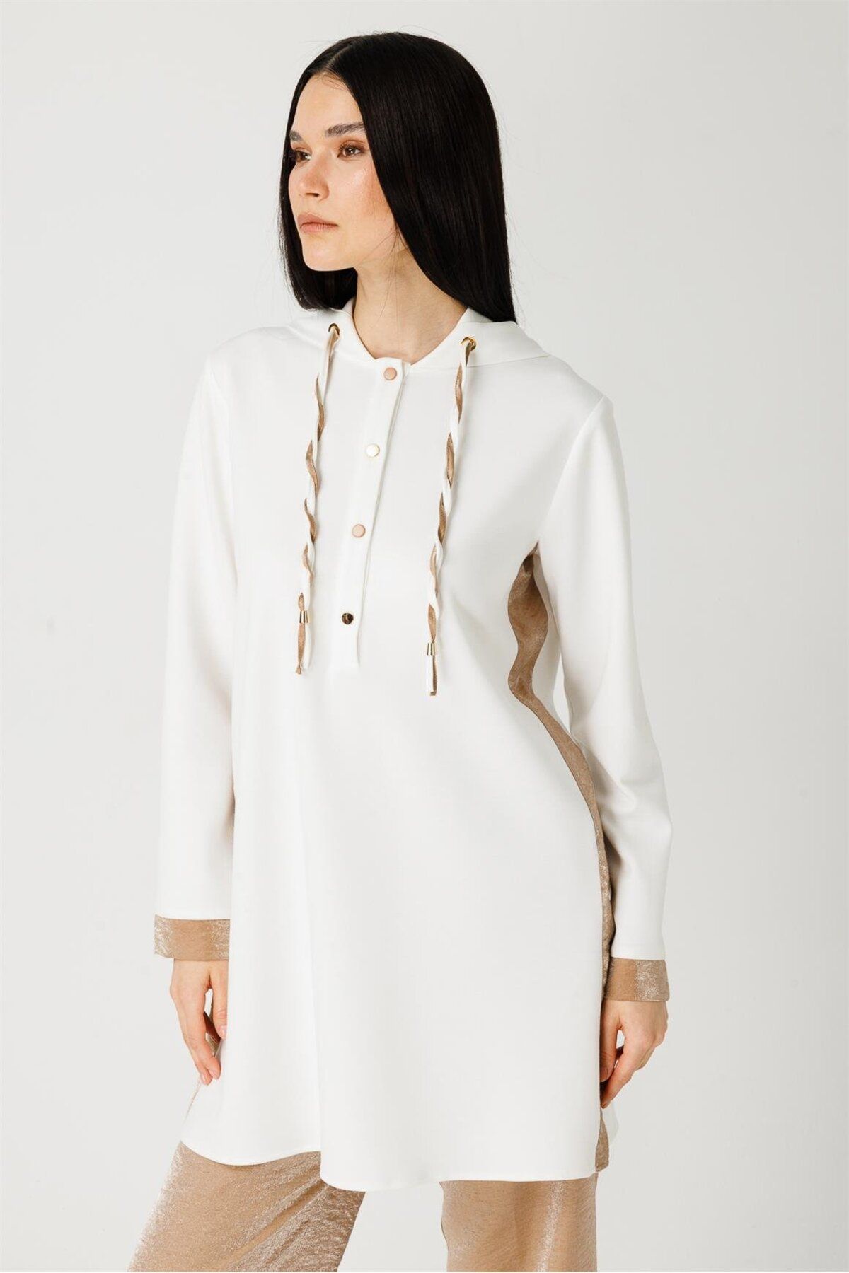 Esswaap-Ecru Tunic - Fabric Side Stripe Detail and Hoodie 6