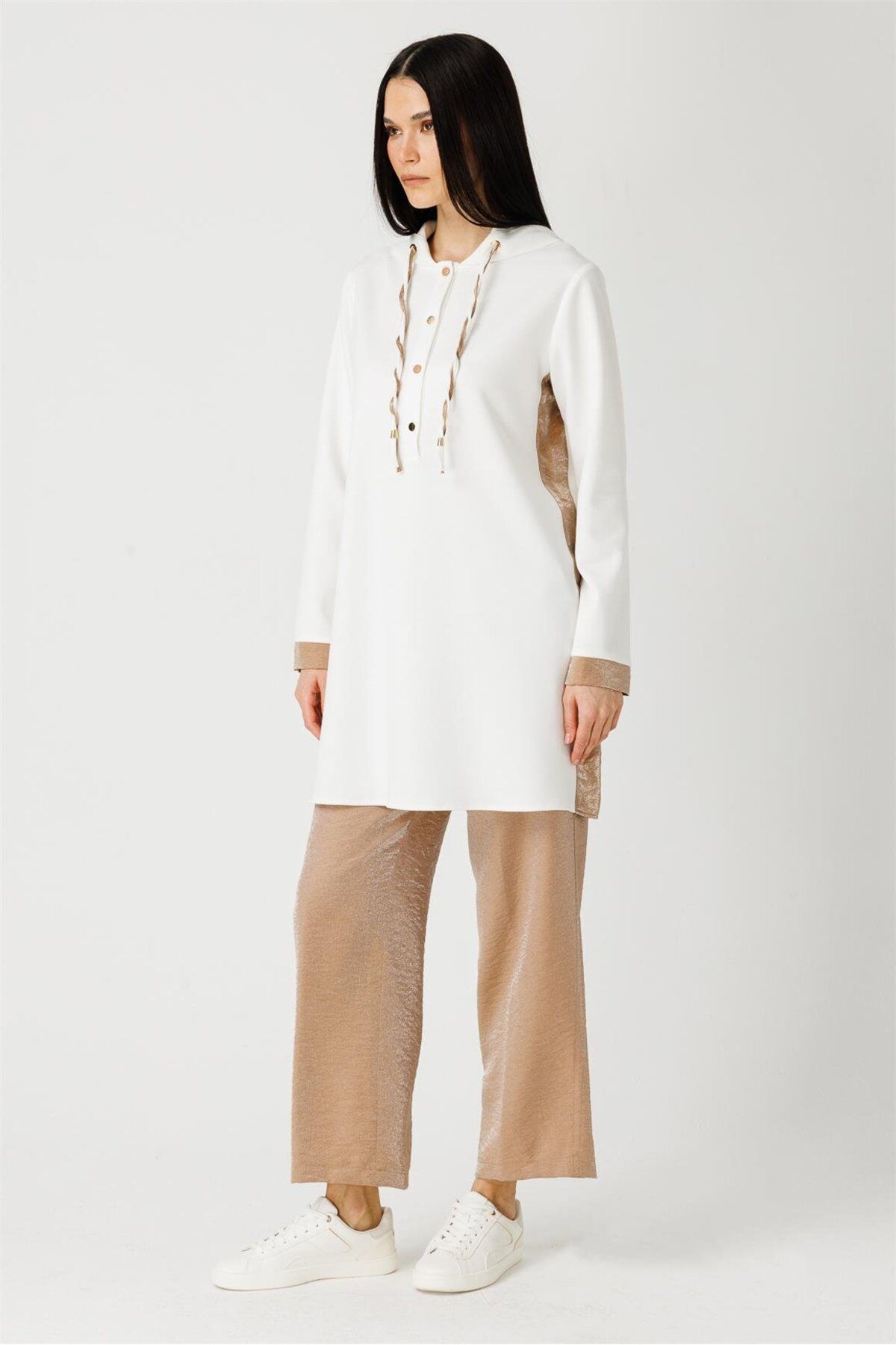 Esswaap-Ecru Tunic - Fabric Side Stripe Detail and Hoodie 3