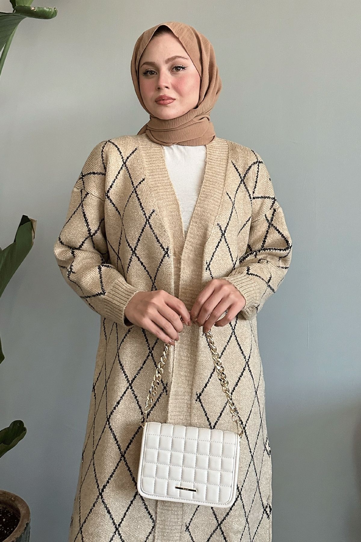 InStyle-Lange Strickjacke mit Baklava-Muster in Beige 4