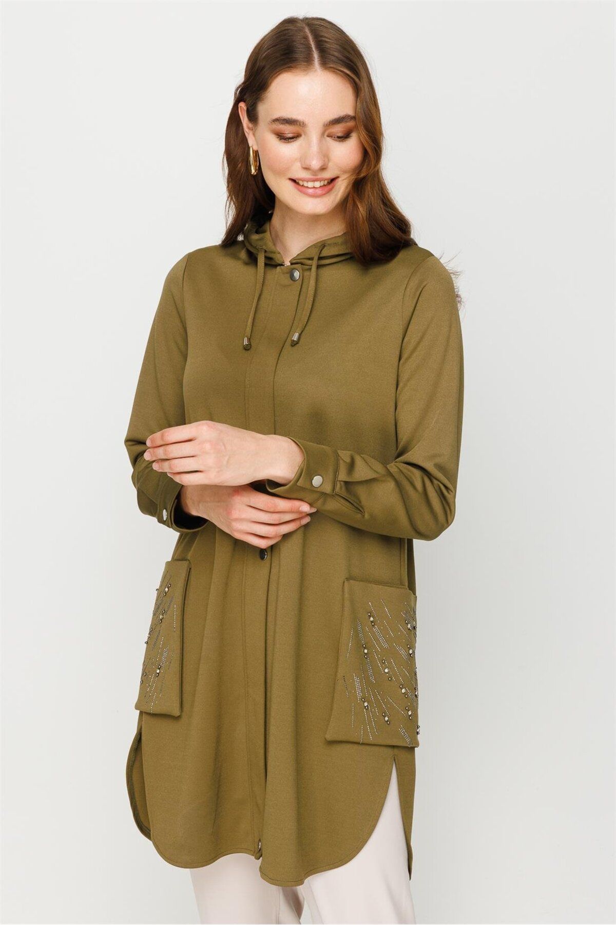 Esswaap-Go and Go Tunic with Stone Embroidered Zipper Closure on Bag Pocket Khaki 4