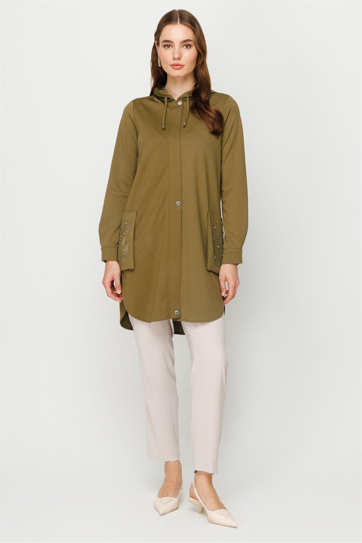 Esswaap-Go and Go Tunic with Stone Embroidered Zipper Closure on Bag Pocket Khaki 1