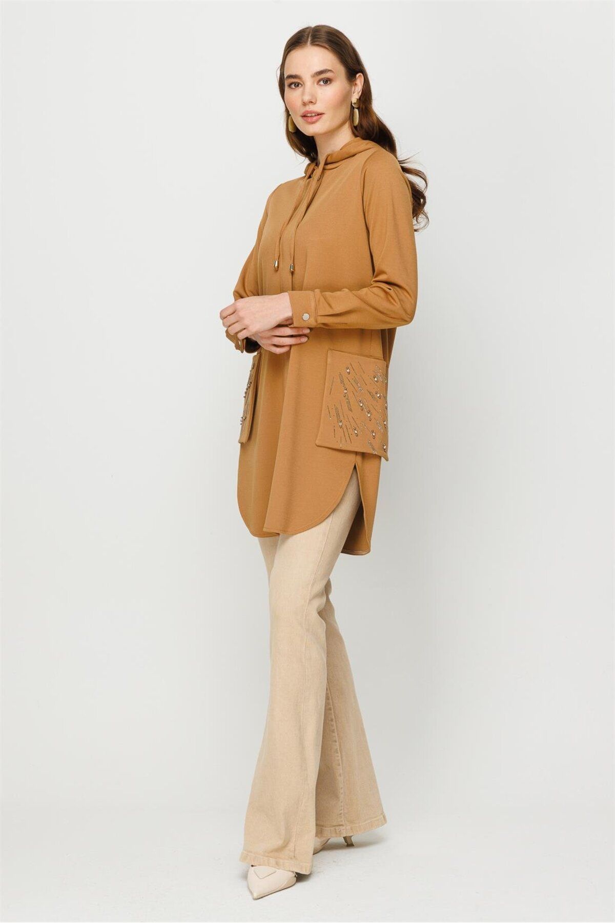 Esswaap-Go and Go Tunic Camel with Stone Embroidered Zipper Closure on Bag Pocket 6