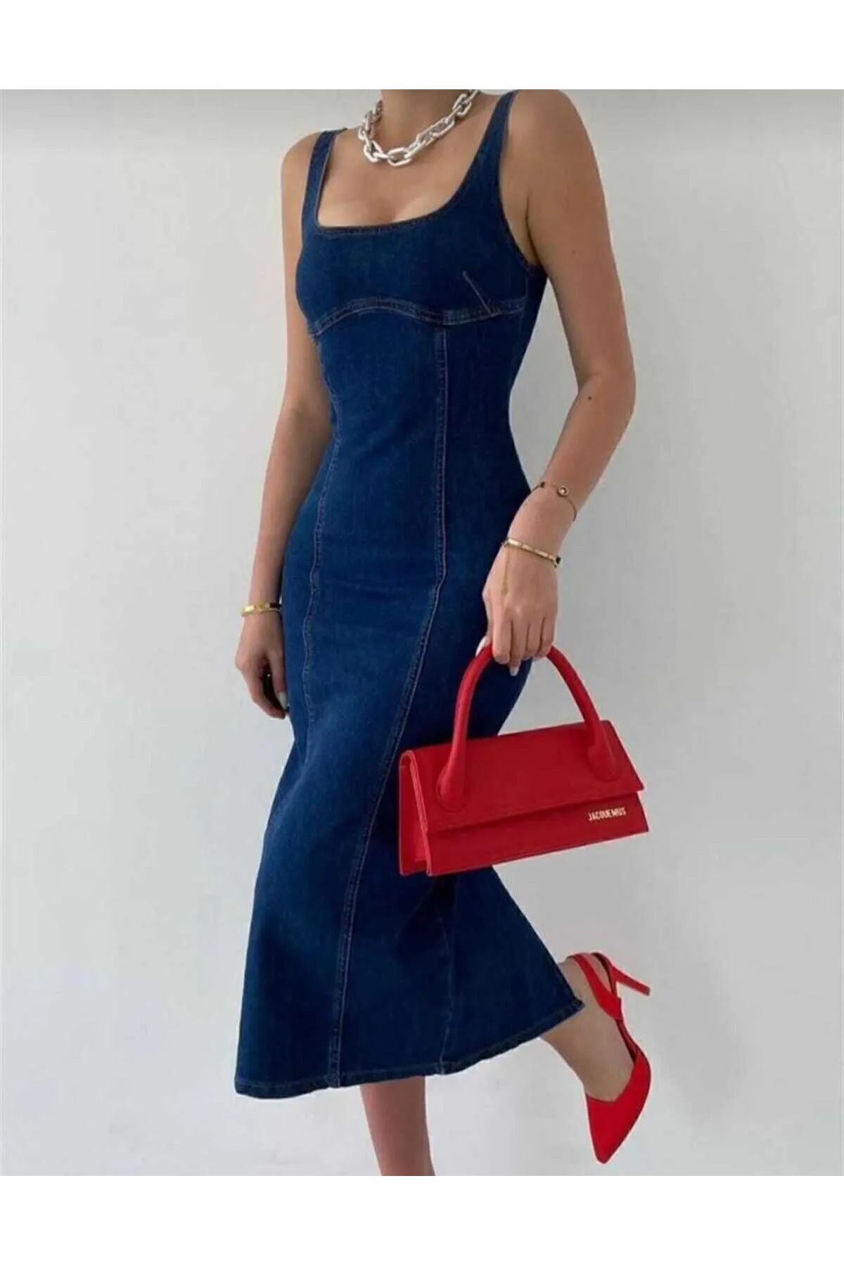 ZF BUTİK-Denim Dress with Slit Back Zipper Jeans Dress Lycra Full Fit 4