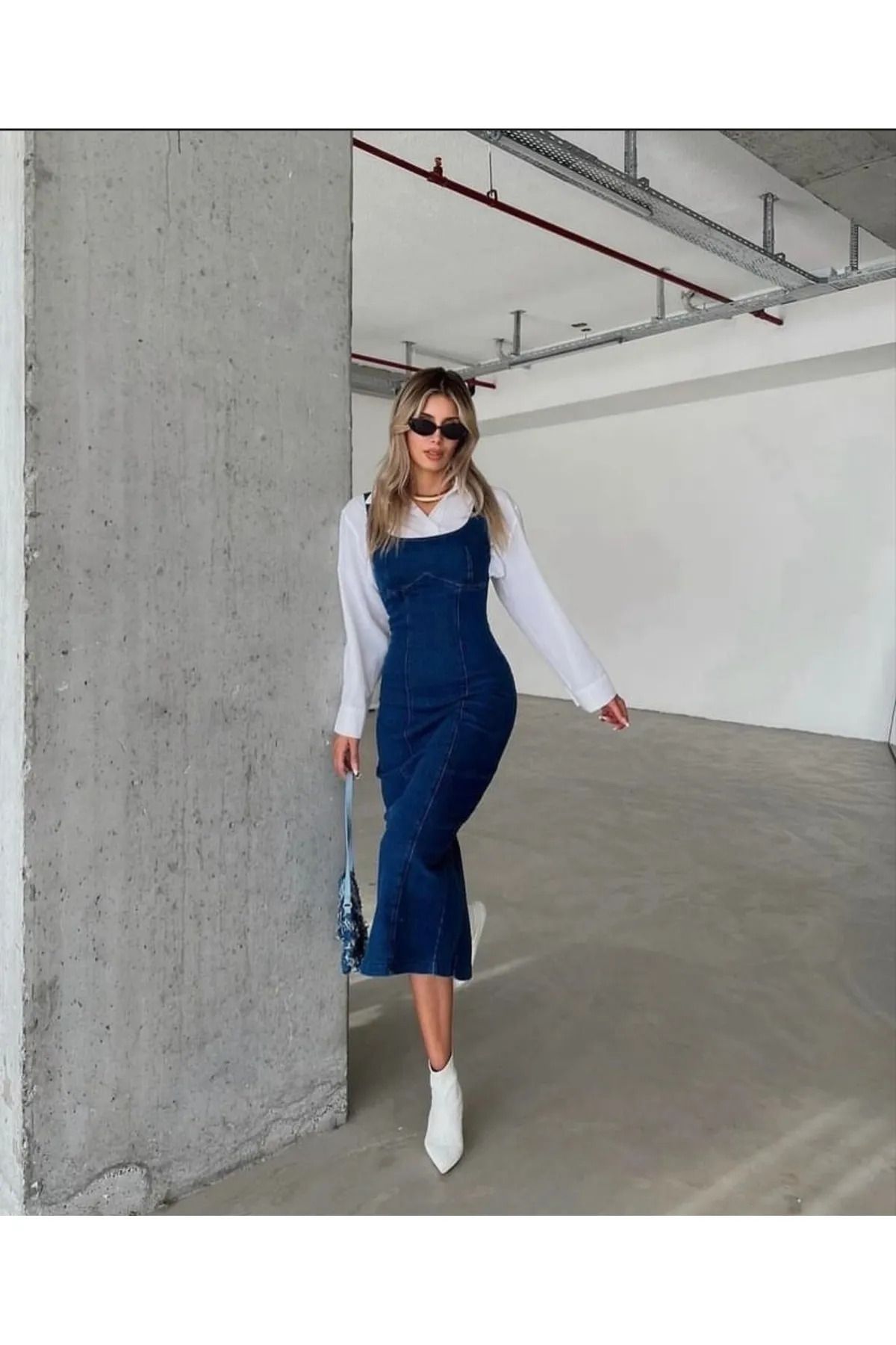 ZF BUTİK-Denim Dress with Slit Back Zipper Jeans Dress Lycra Full Fit 2