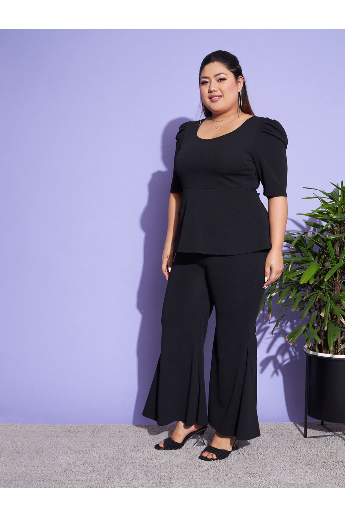 Sassafras By Styli-Plus Scoop Neck Peplum Top & Kick Pleats Pants Co-Ords 7