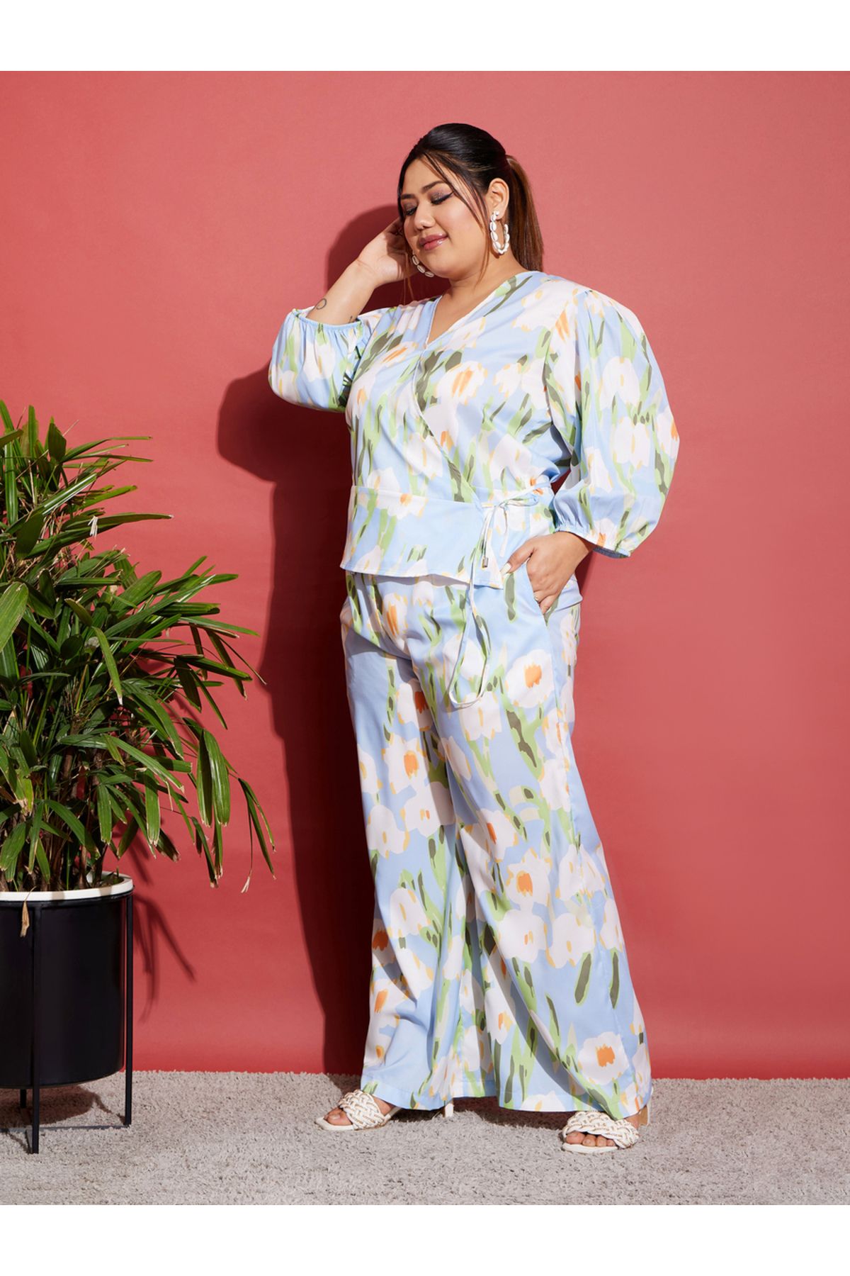 Sassafras By Styli-Plus Floral Wrap Top & Wide Leg Pants Co-Ords 3
