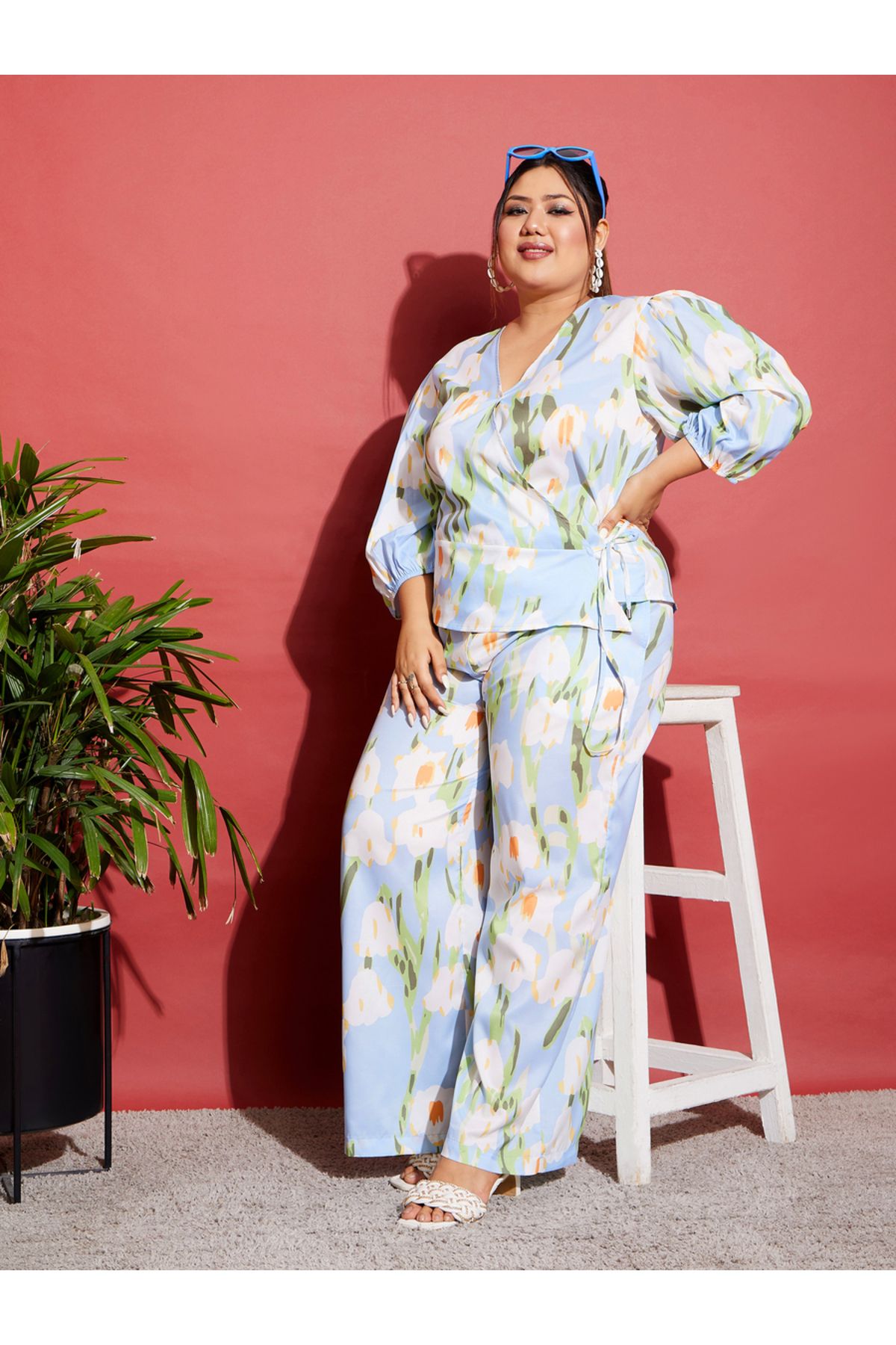 Sassafras By Styli-Plus Floral Wrap Top & Wide Leg Pants Co-Ords 1
