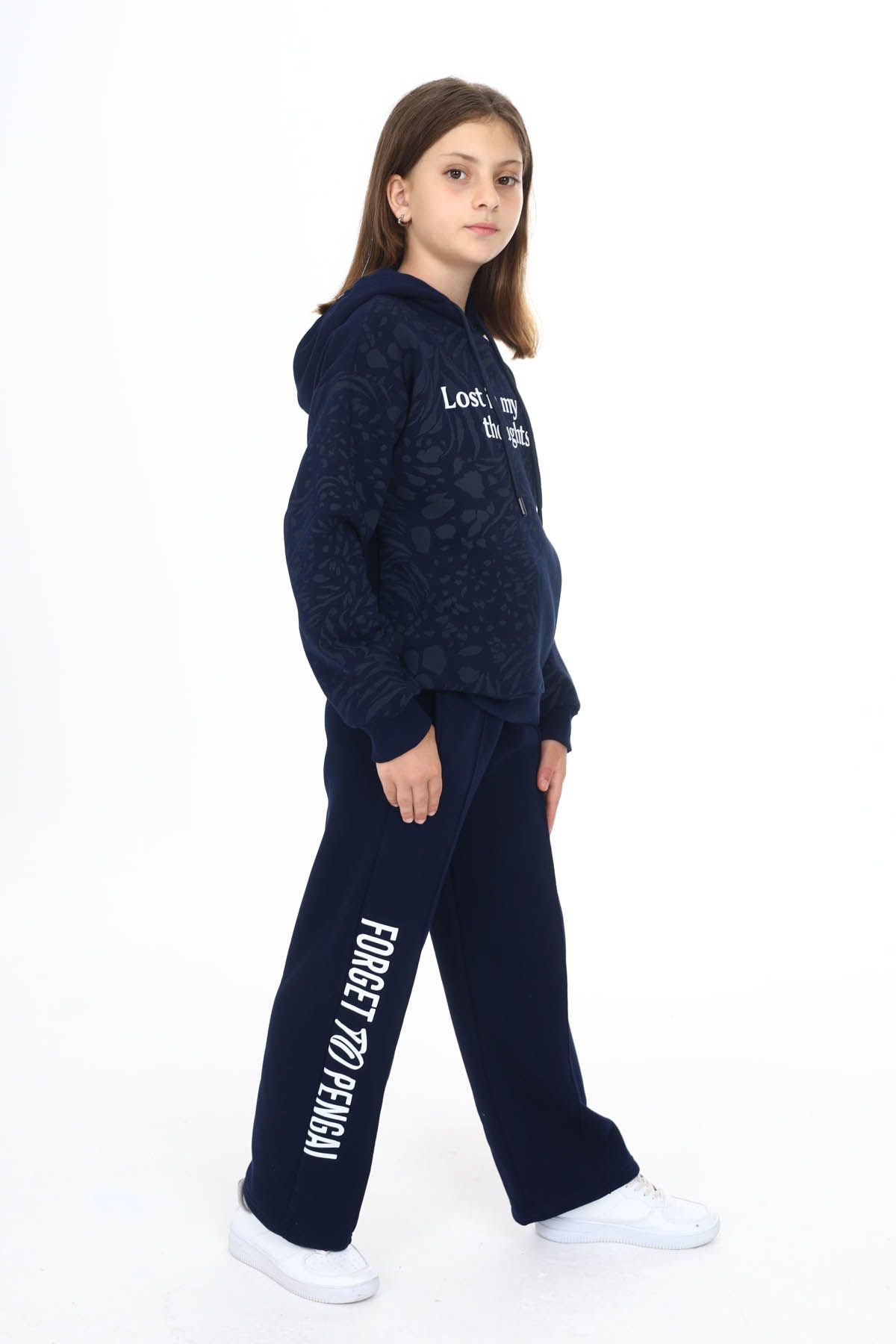 Cansın Mini-Navy Blue Text Printed Wide Leg Fleece Girl's Tracksuit Set 16446 2