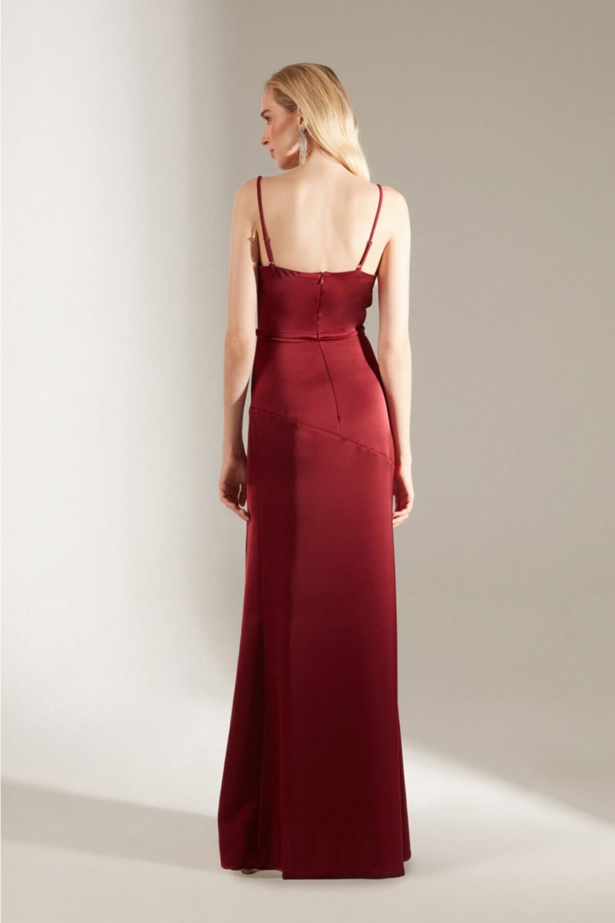 BETTY & SAM-Plunging Neck Dark Red Satin Dress 7