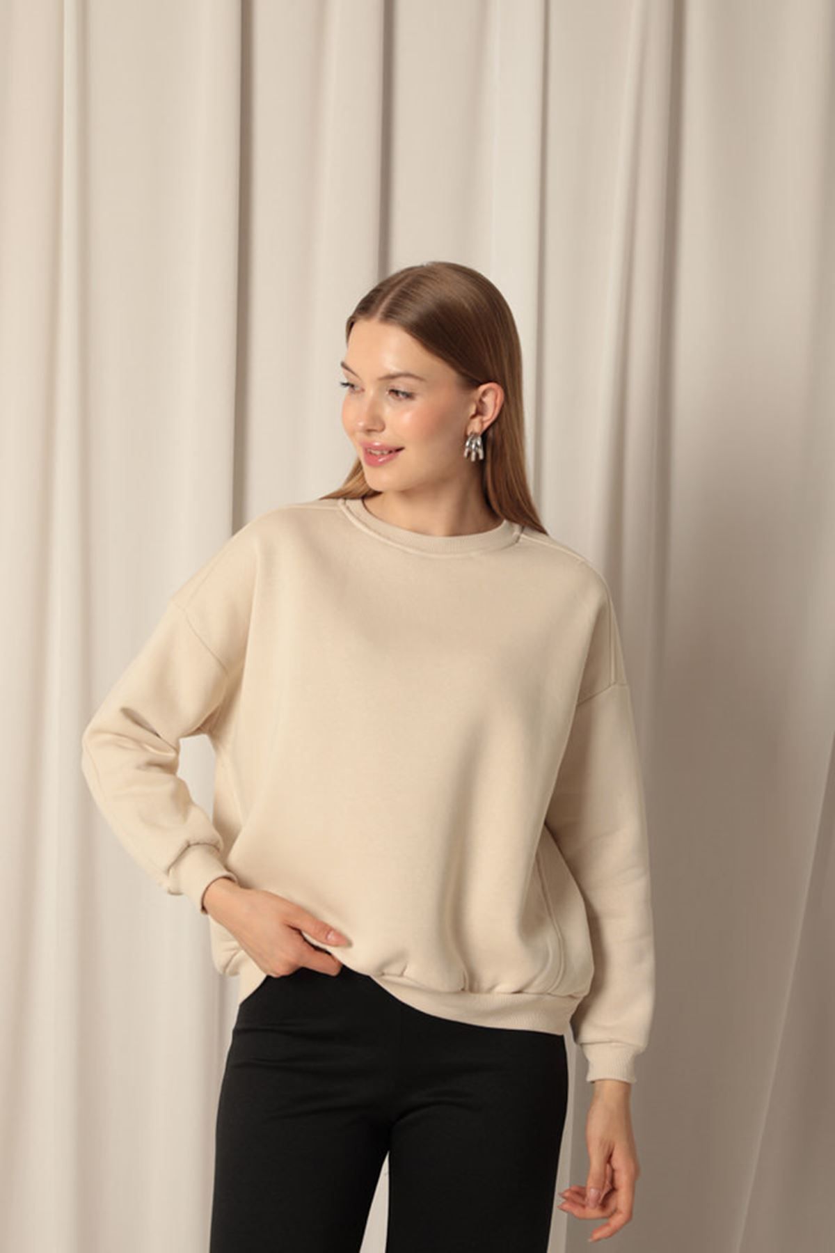 PİNK STAR Üç İplik Sıfır Yaka Çimalı Kadın Bej Sweat