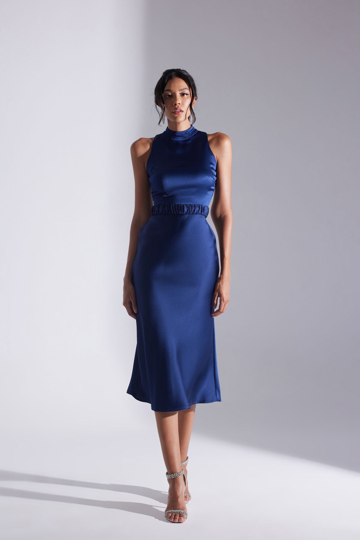 BETTY & SAM-Si̇ena Sleeveless Dominant Collar Dark Blue Satin Night Dress 2