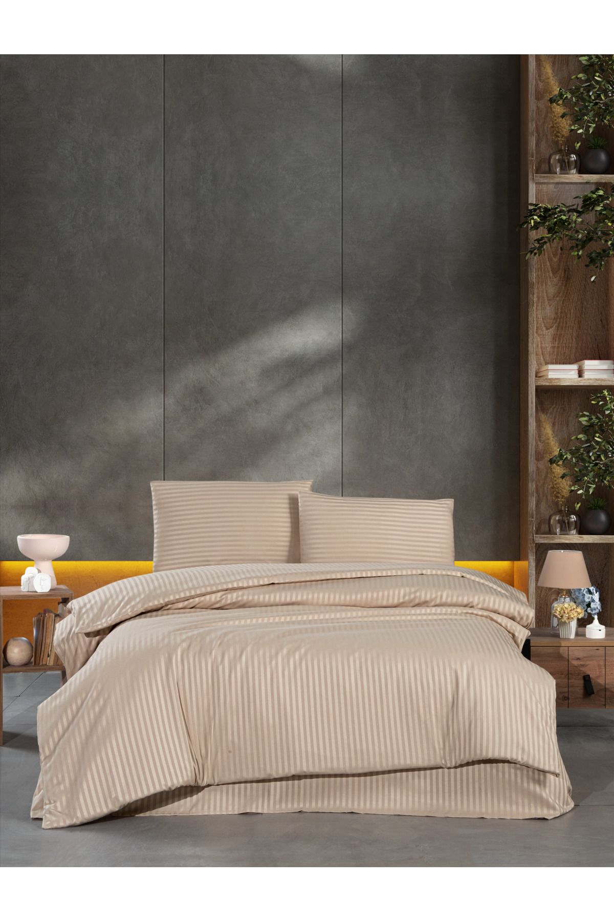 Firuze-Satin Double Duvet Cover Set Solid Color Line Pattern High-End Soft and Bright 1