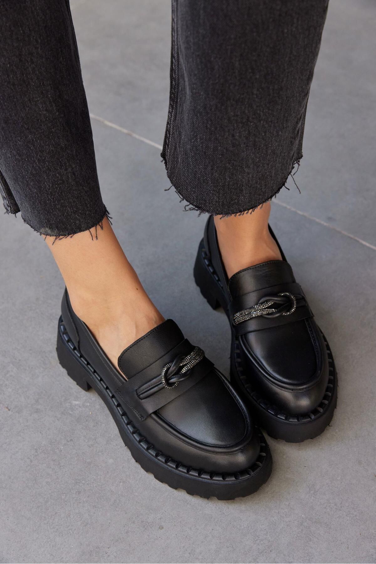 NILUFARR-Loafer de damă Lorita din piele naturală neagră Stone 5