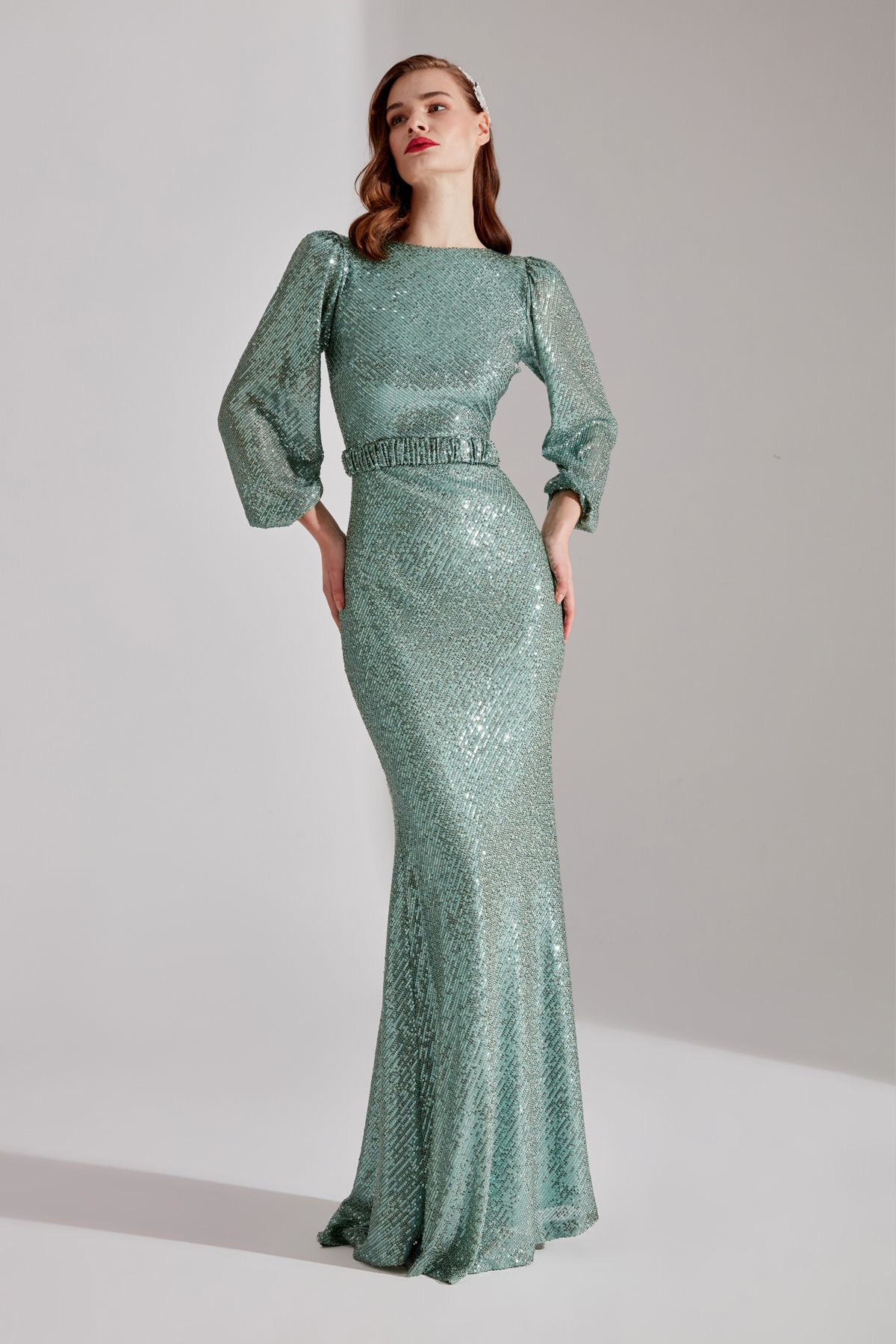 BETTY & SAM-GRACE Sparkly Sequined WATER GREEN Balloon Sleeve Maxi Boy Evening Dress 2