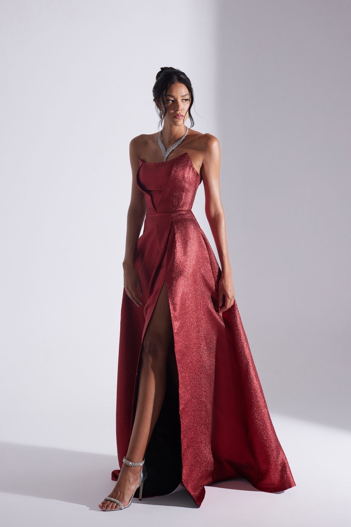 BETTY & SAM-Alex Red Jacquard Slit Strapless Evening Gown 4