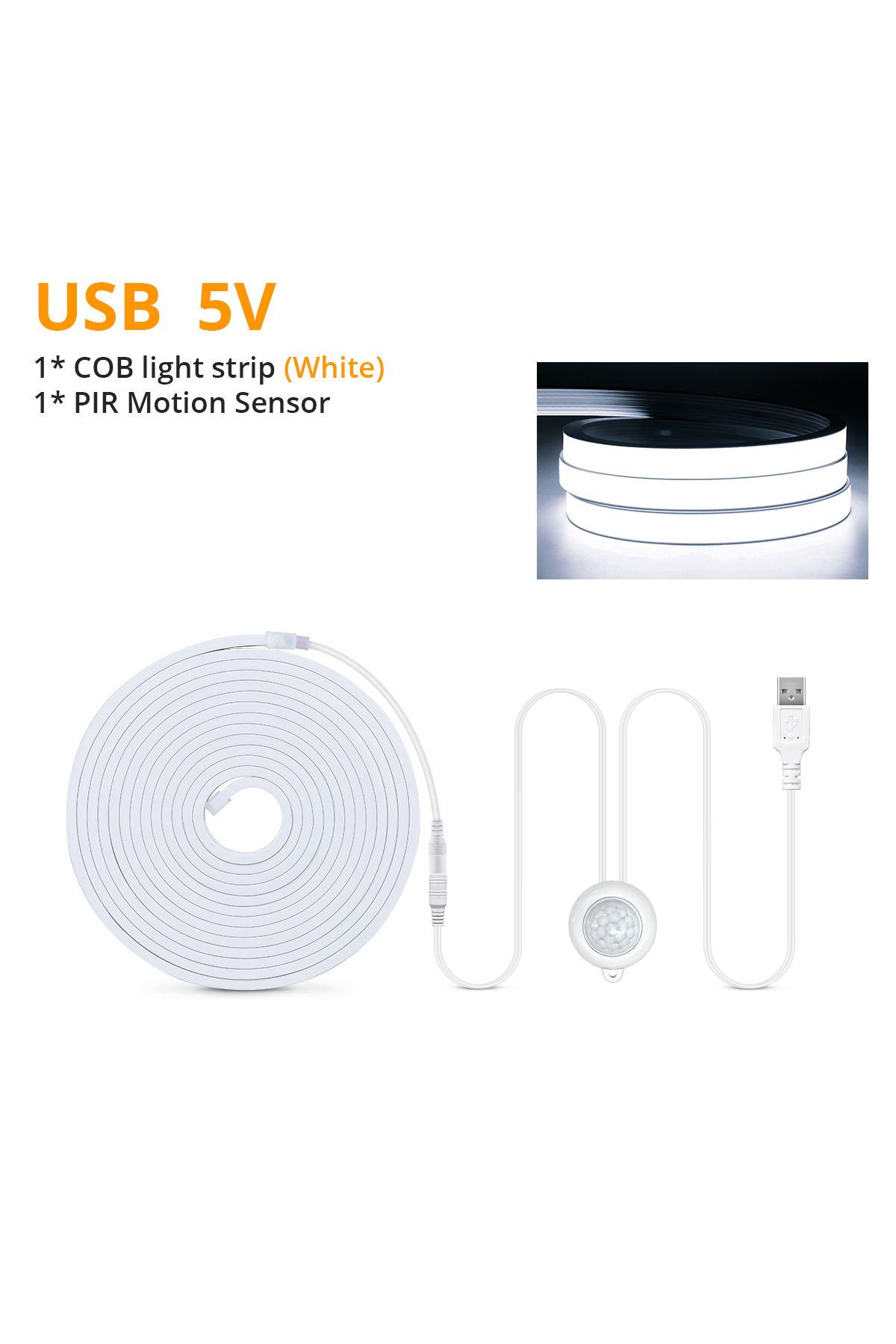 MALITAI-5m White Wireless Pir Motion Sensor Cob Led Strip Neon Lights Usb 5v Neon Tape Silicone Waterproof K 1