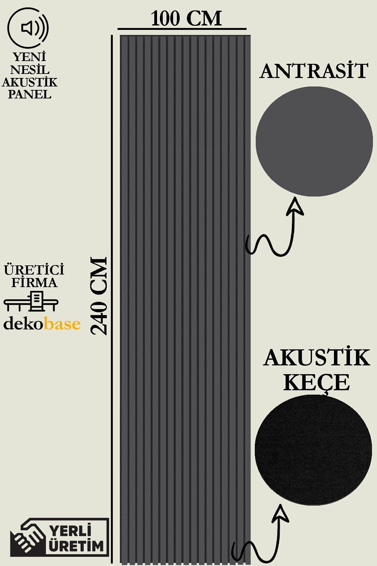 BASE 100x240 Cm Antrasit Renk Akustik Ahşap Duvar Paneli