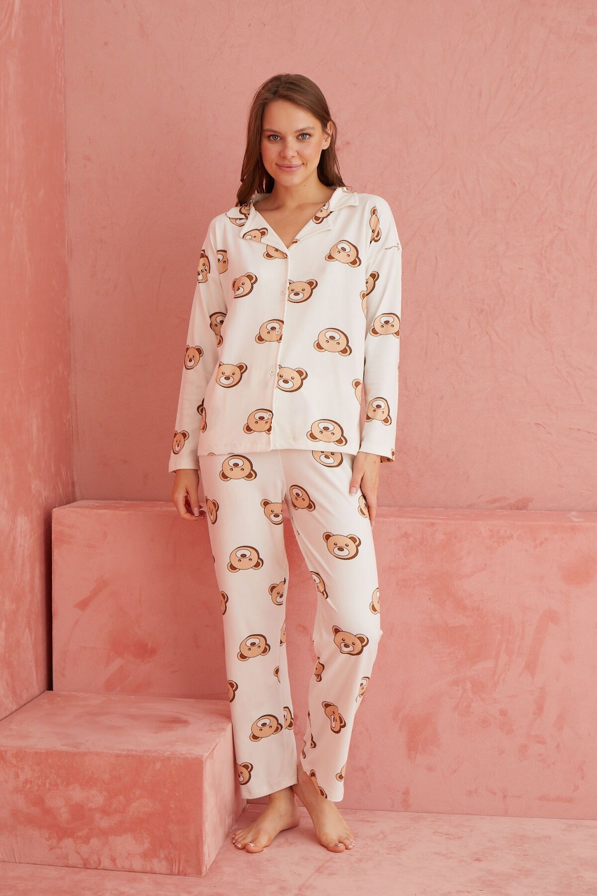 ELİTOL-Ecru Bear Patterned Front Buttoned Suede Pajama Set 2