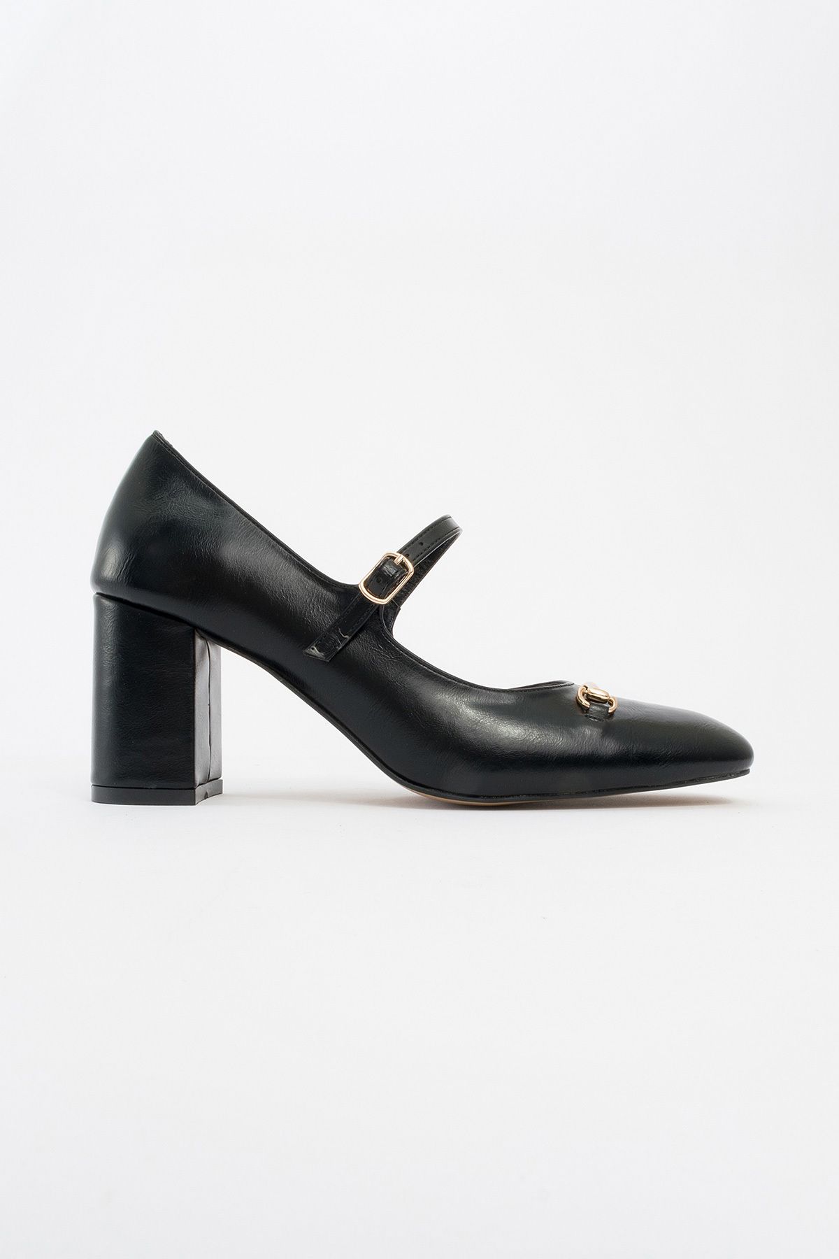 LuviShoes-Levan Black Leather Buckle Women's Thick Heeled Shoes 4