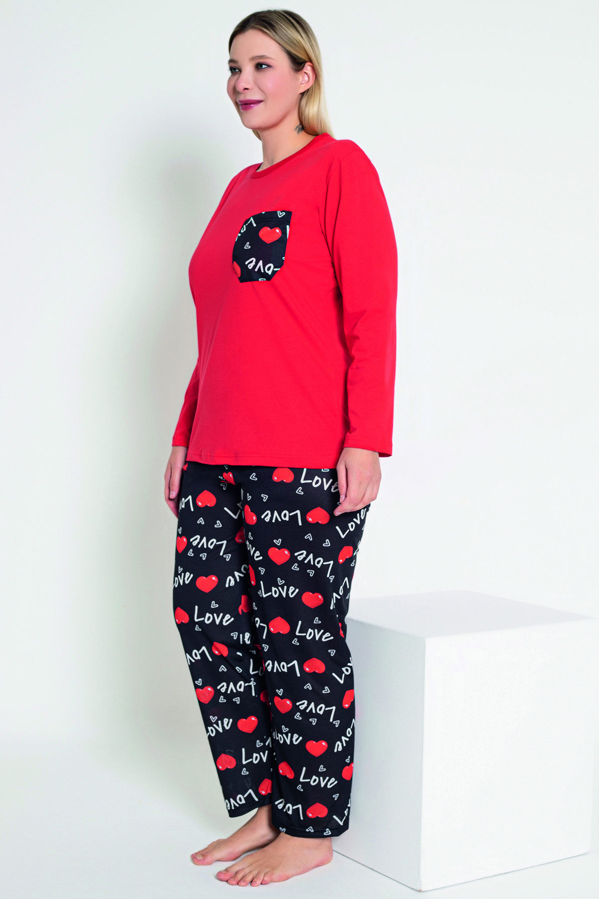 MyBen-Set de pijamale cu mânecă lungă cu imprimeu roșu Love and Heart pentru femei - B-43 2