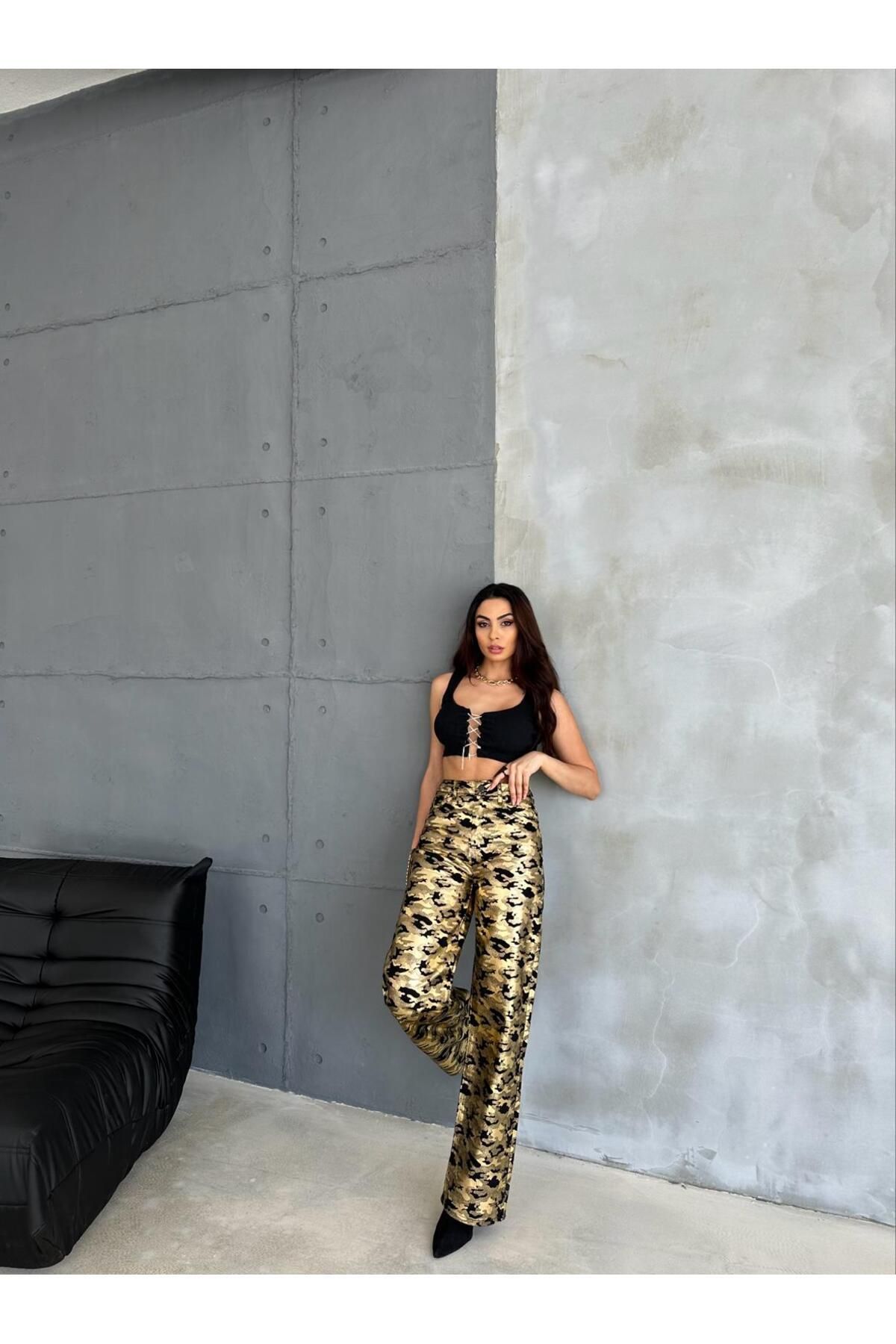 Zeo Basic-Zeo Basic Gold Military Pattern Varak Printed Wide Leg Pants 5