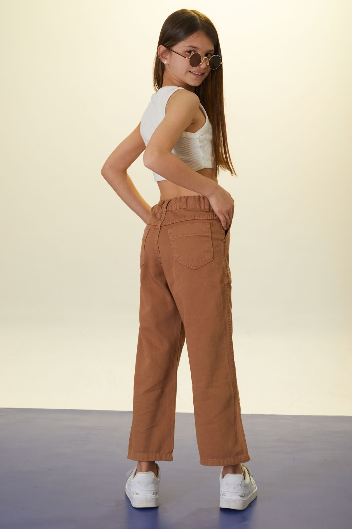 Cansın Mini-Brown Beautiful Written Wide Leg Girl's Linen Trousers 18444 4