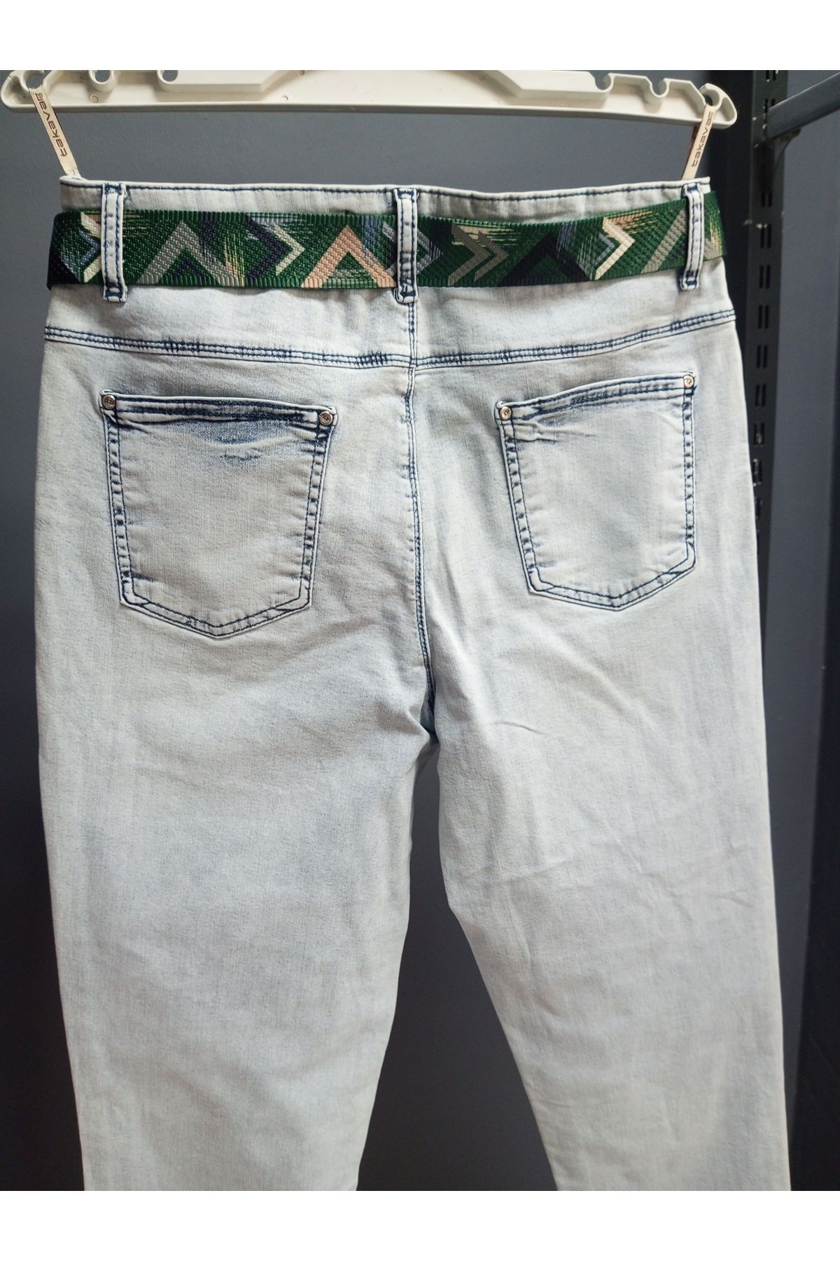 AKŞEN GİYİM-Pantaloni de blugi largi, cu talie înaltă, din lycra spălată, din țesătură denim, cu centură cadou 3