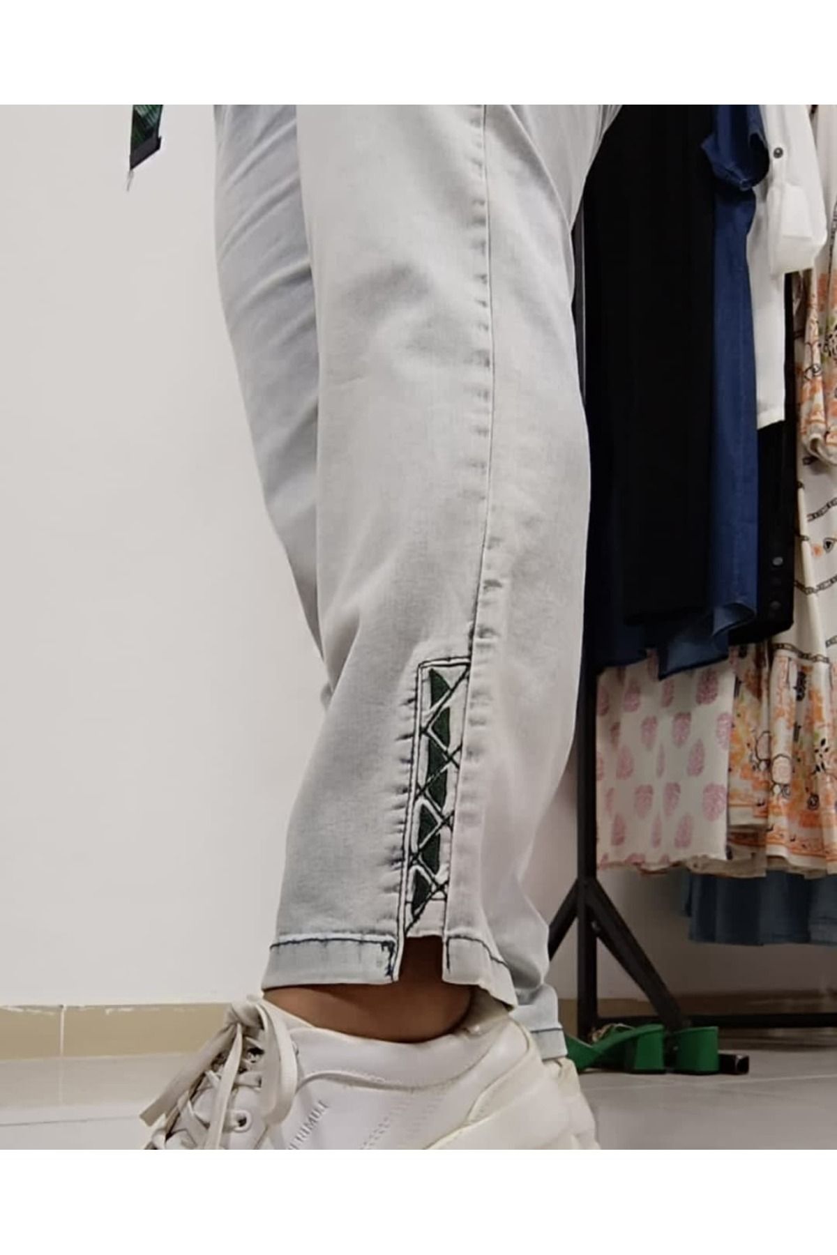 AKŞEN GİYİM-Pantaloni de blugi largi, cu talie înaltă, din lycra spălată, din țesătură denim, cu centură cadou 8