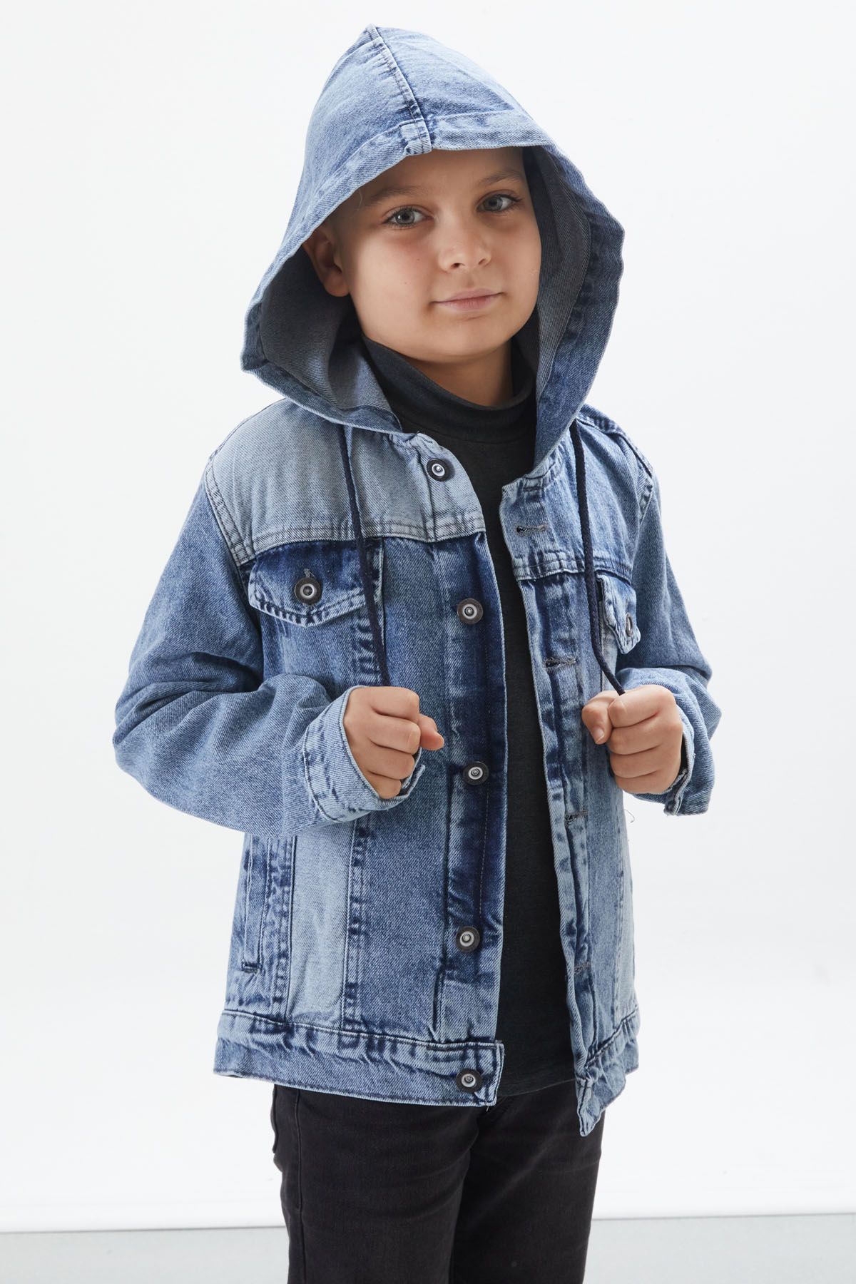 Cansın Mini-Blue Hooded Garnished Boy's Jean Jacket 17711 4