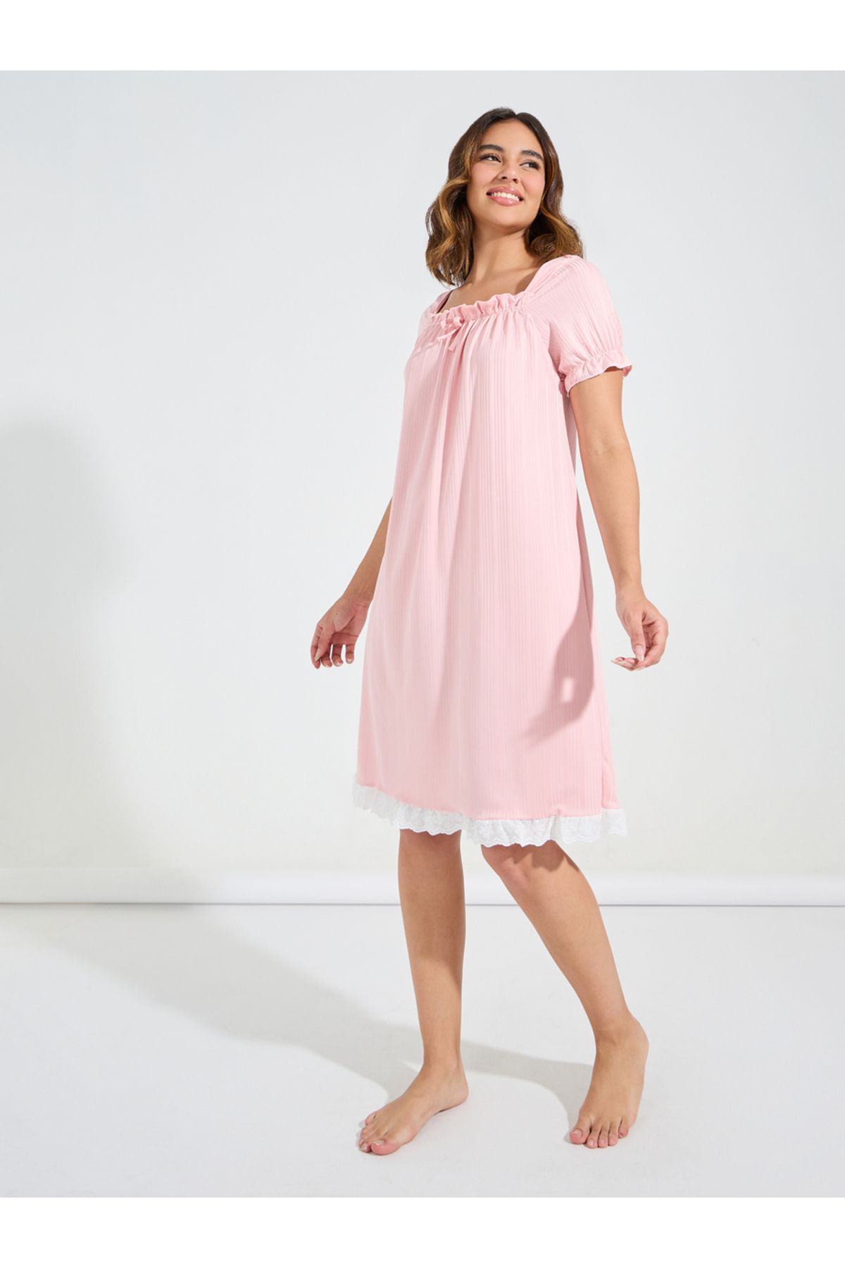 Styli-Rib Lace Trim Bow Detail Knee Length Nightdress 2