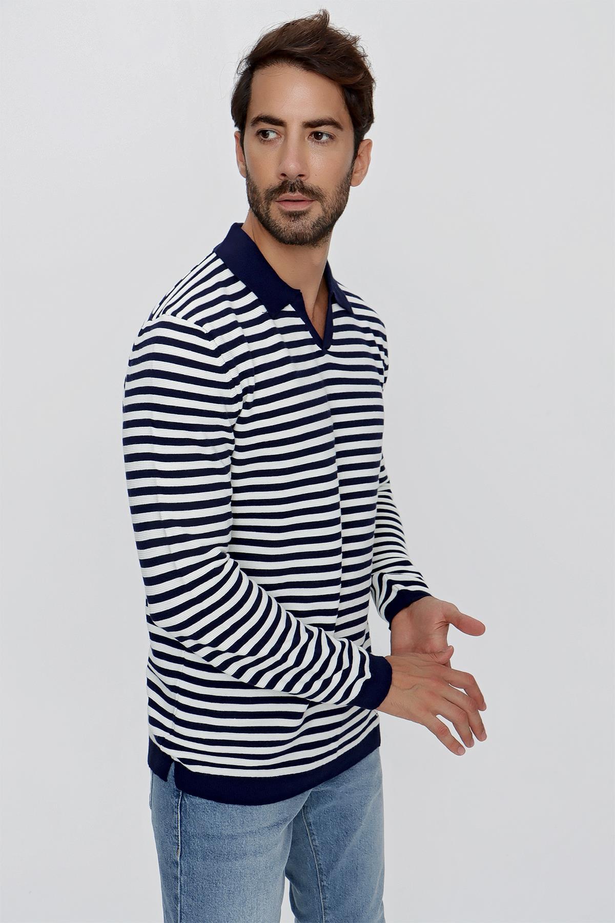 CHUBA  Erkek Loose Fit Çizgili Polo Yaka Uzun Kollu Triko Kazak Lacivert-ekru 23w203 - Görsel 2