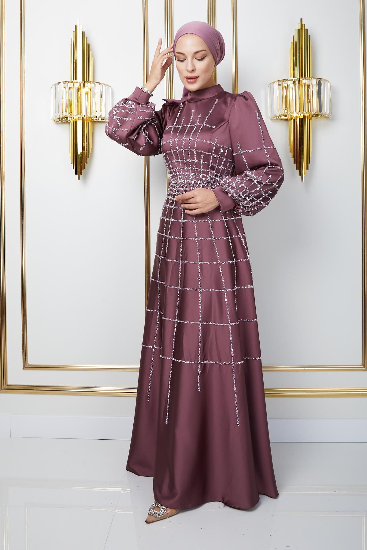 Olcay-Hijab-Abendkleid aus Satin mit Steinen und Pailletten – DRIED ROSE 1675 4