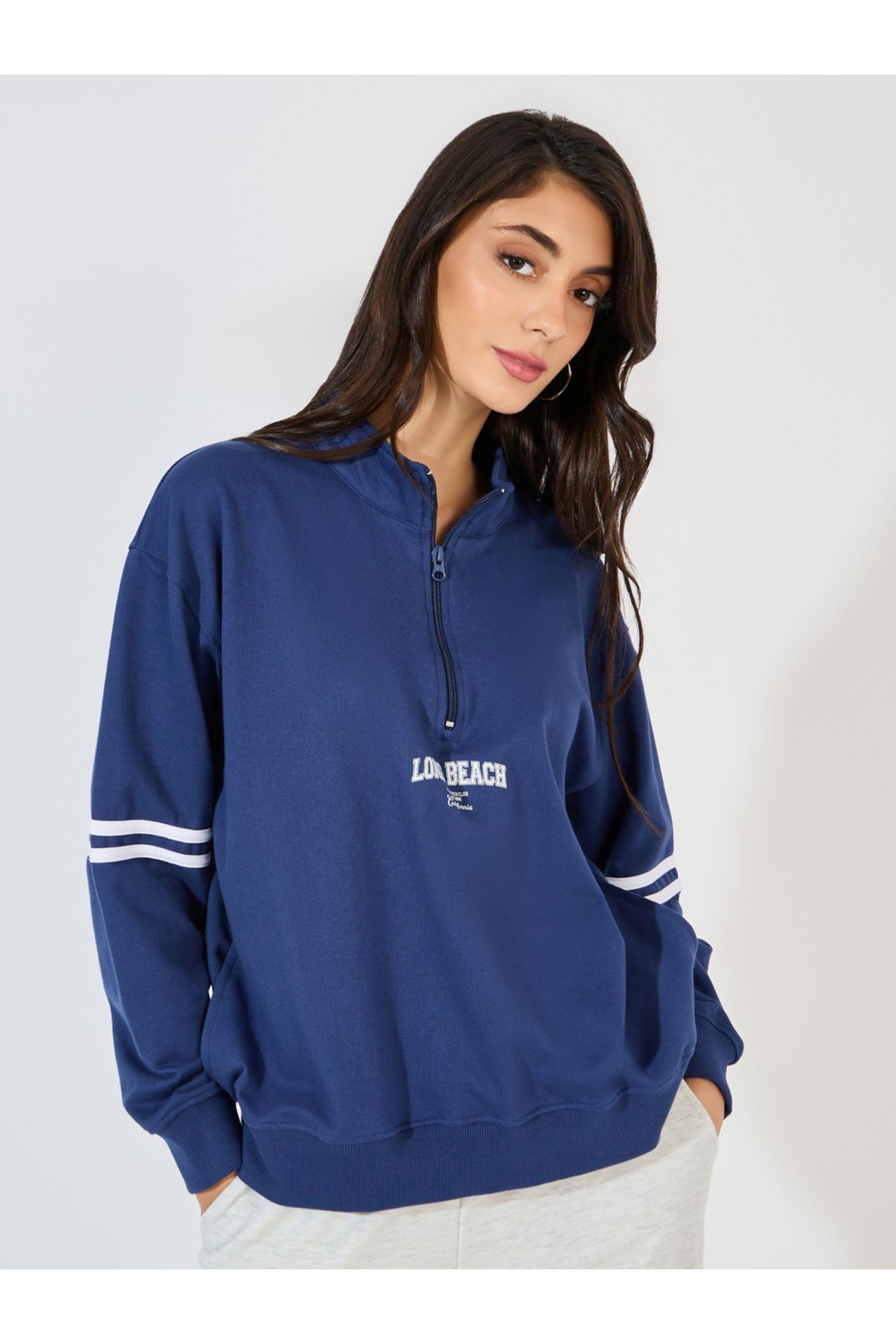 Styli-Regular Fit Slogan Print Half Zip Sweatshirt 1