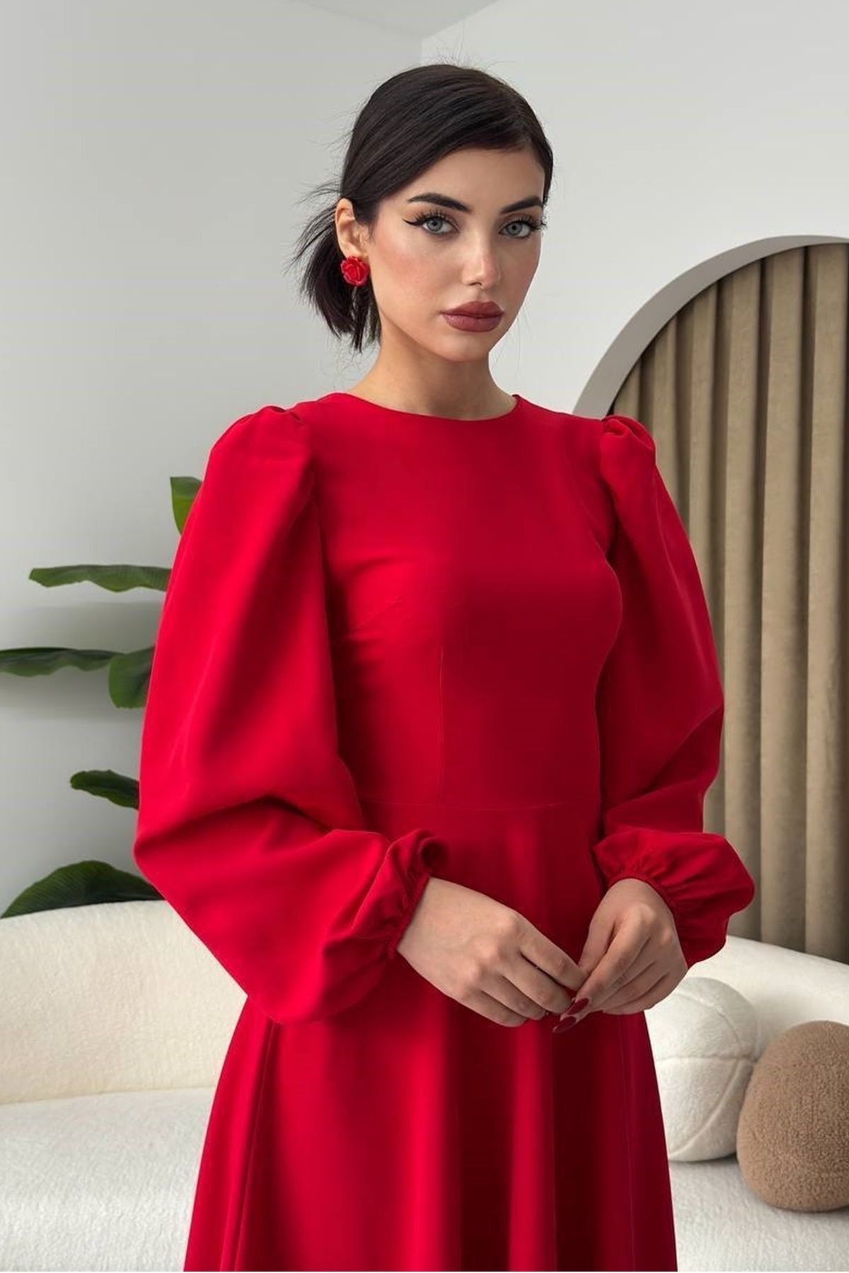 barış sülün lovebox-Women's Atlas Fabric Crew Neck Long Sleeve Red Midi Flared Evening Dress 280 5