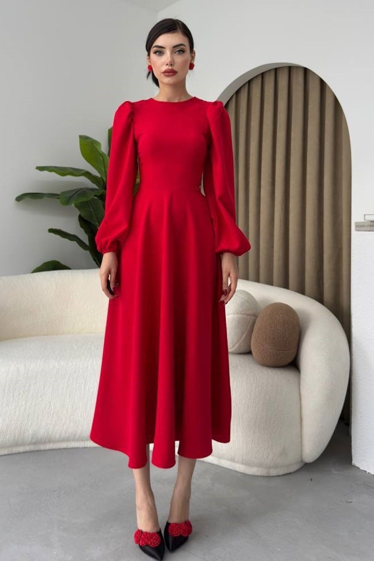 barış sülün lovebox-Women's Atlas Fabric Crew Neck Long Sleeve Red Midi Flared Evening Dress 280 6