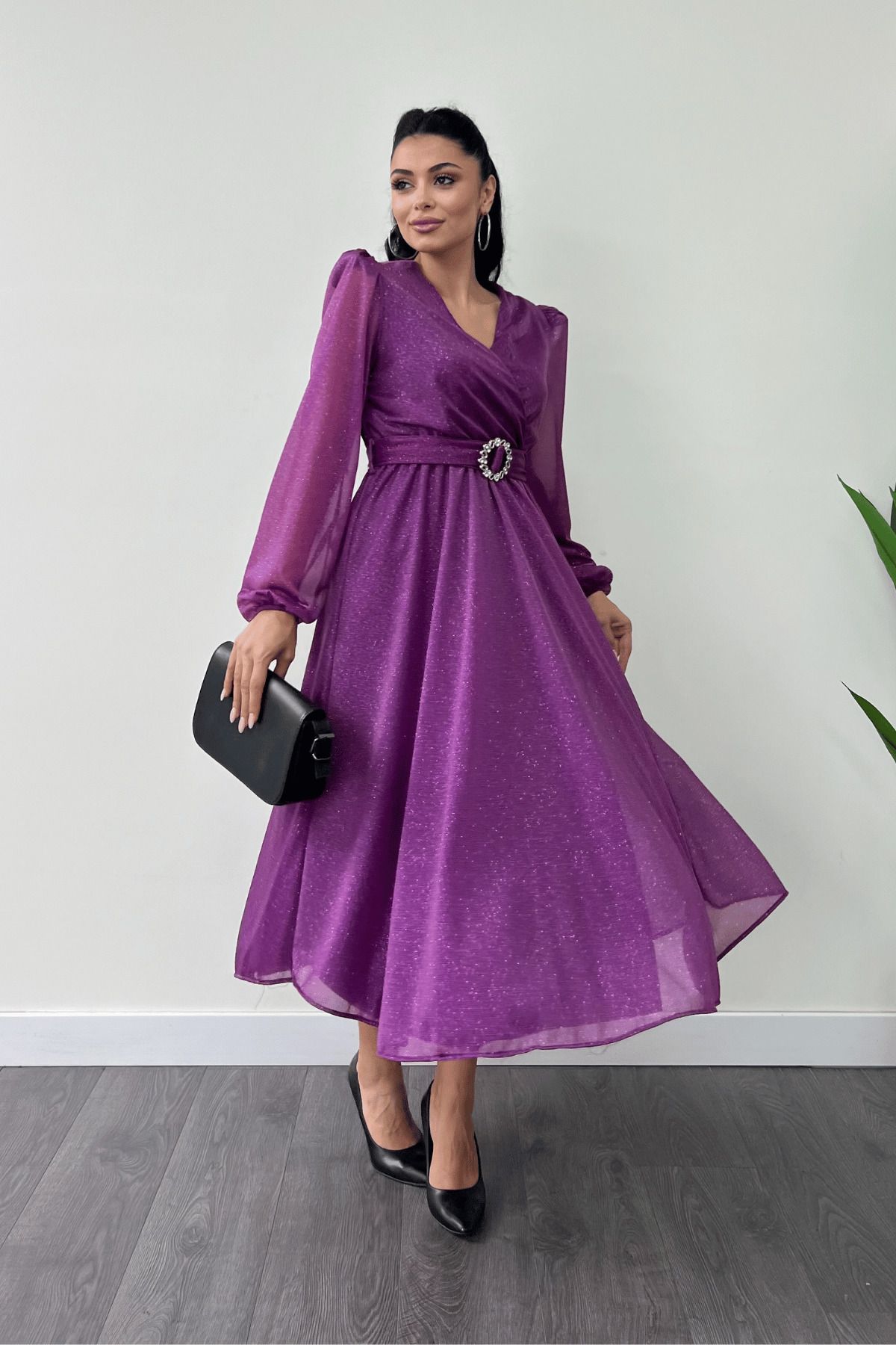 giyimmasalı-Glittery Tulle Fabric Belted Midi Dress - Purple 2