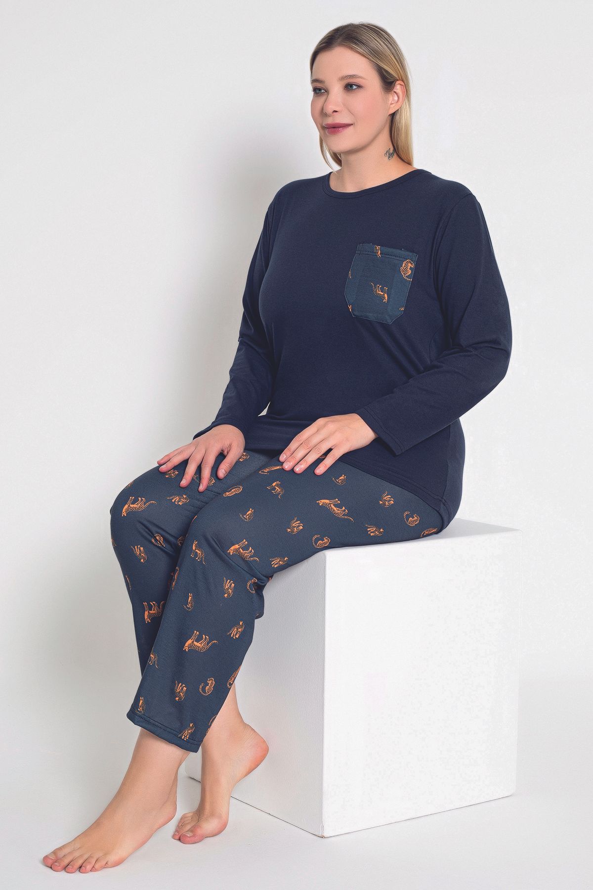 MyBen-Navy Blue Tiger Patterned Long Sleeve Women's Pajamas Set - B-54 3