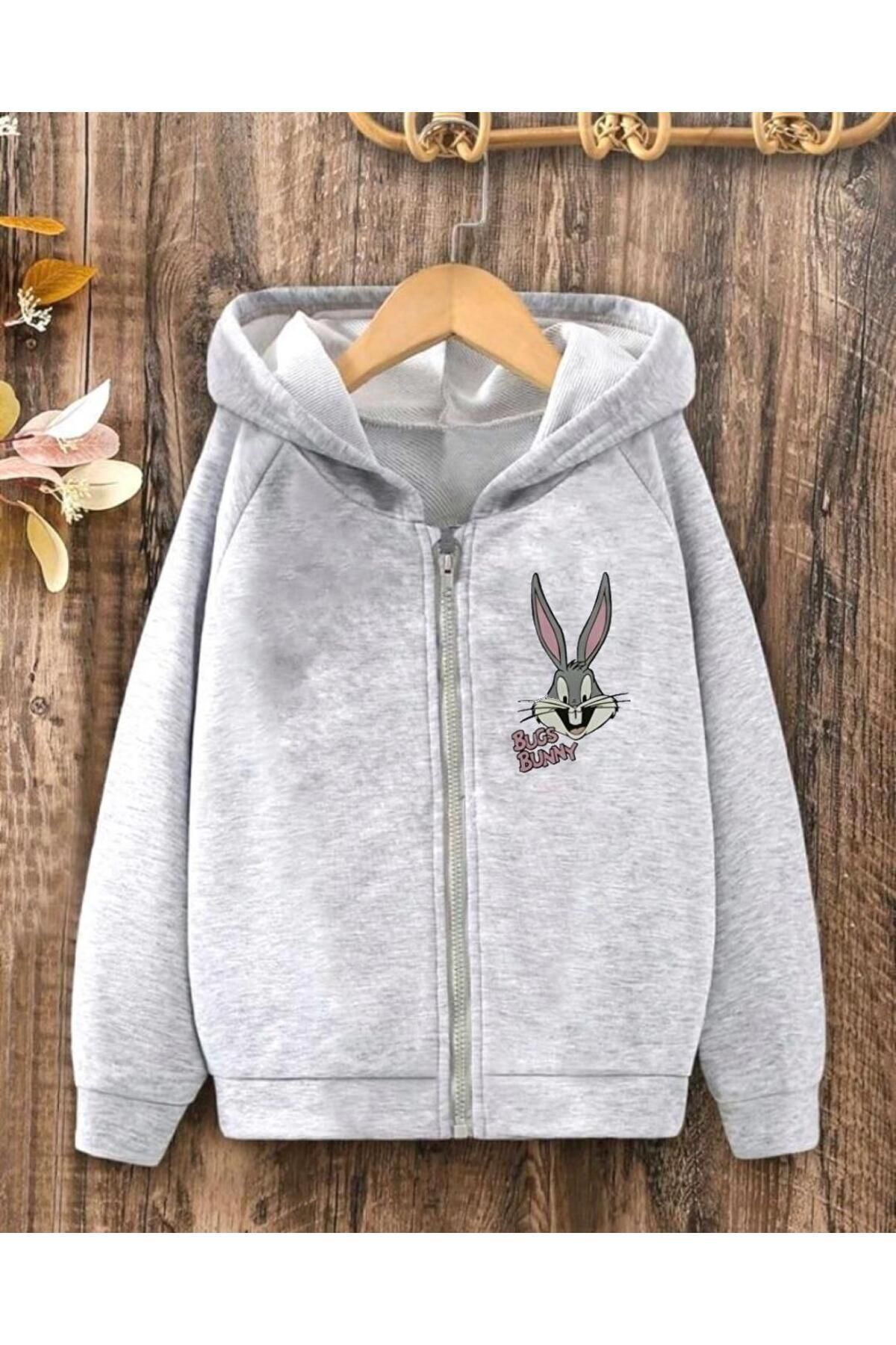 FoxSkin Sportswear&Company Bugs Bunny Pamuklu Çocuk Fermuarlı Hırka - Gri Baskılı Kız Erkek Çocuk Kışlık Kapüşonlu