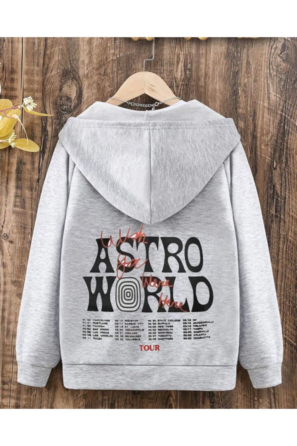 FoxSkin Sportswear&Company Astro World Pamuklu Çocuk Fermuarlı Hırka - Gri Baskılı Kız Erkek Çocuk Kışlık Kapüşonlu