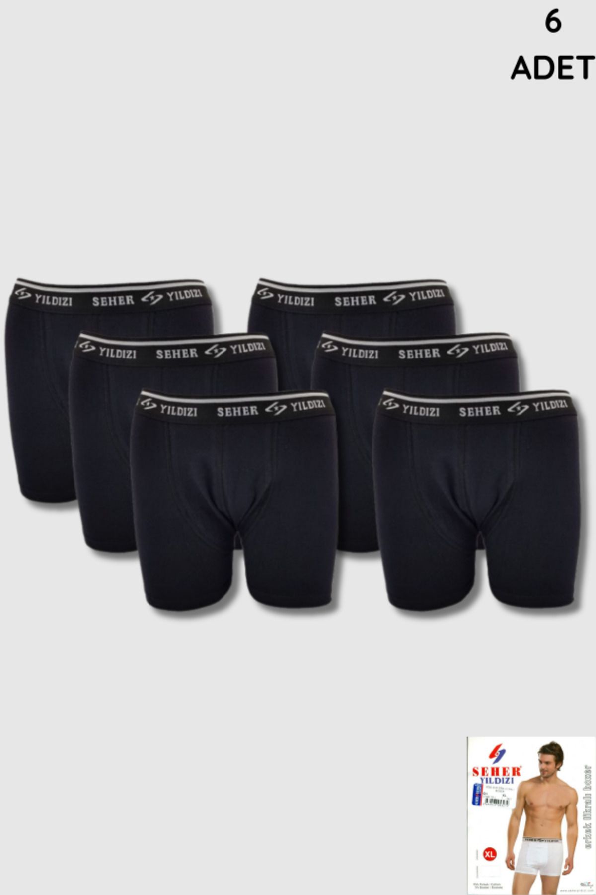 Seher Yıldızı-Seher 0060 Men's Black Elastane Boxers - Pack of 6 1