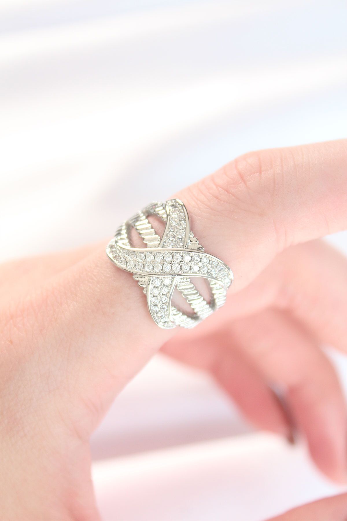 Skygo-Silver Colored Thick Zircon X Design Ring - Adjustable TJ-BYK3120 2