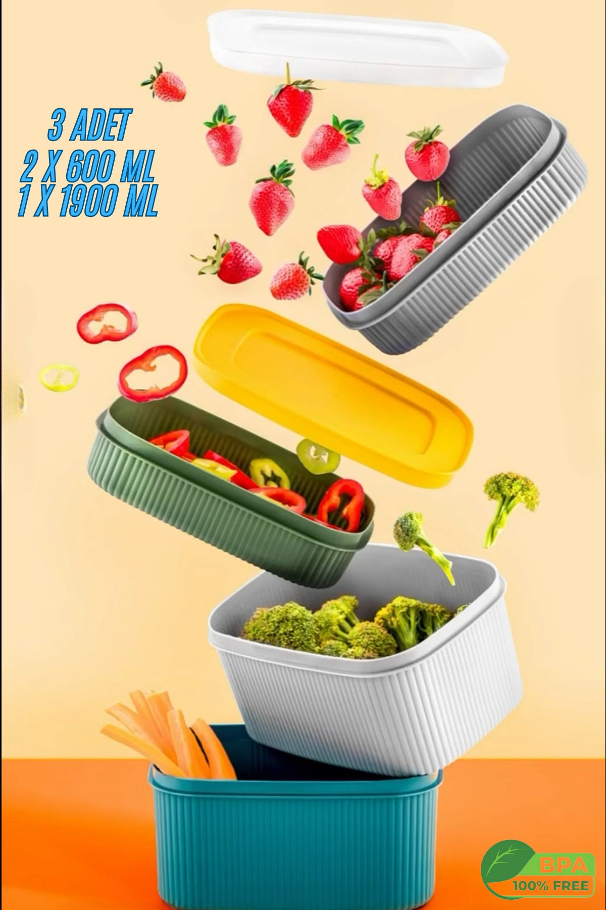 Rapt-3 Pieces Plastic Lid Storage Container with Line Detail Modern Design 2 X 600 ml 1 X 1900 ml 2