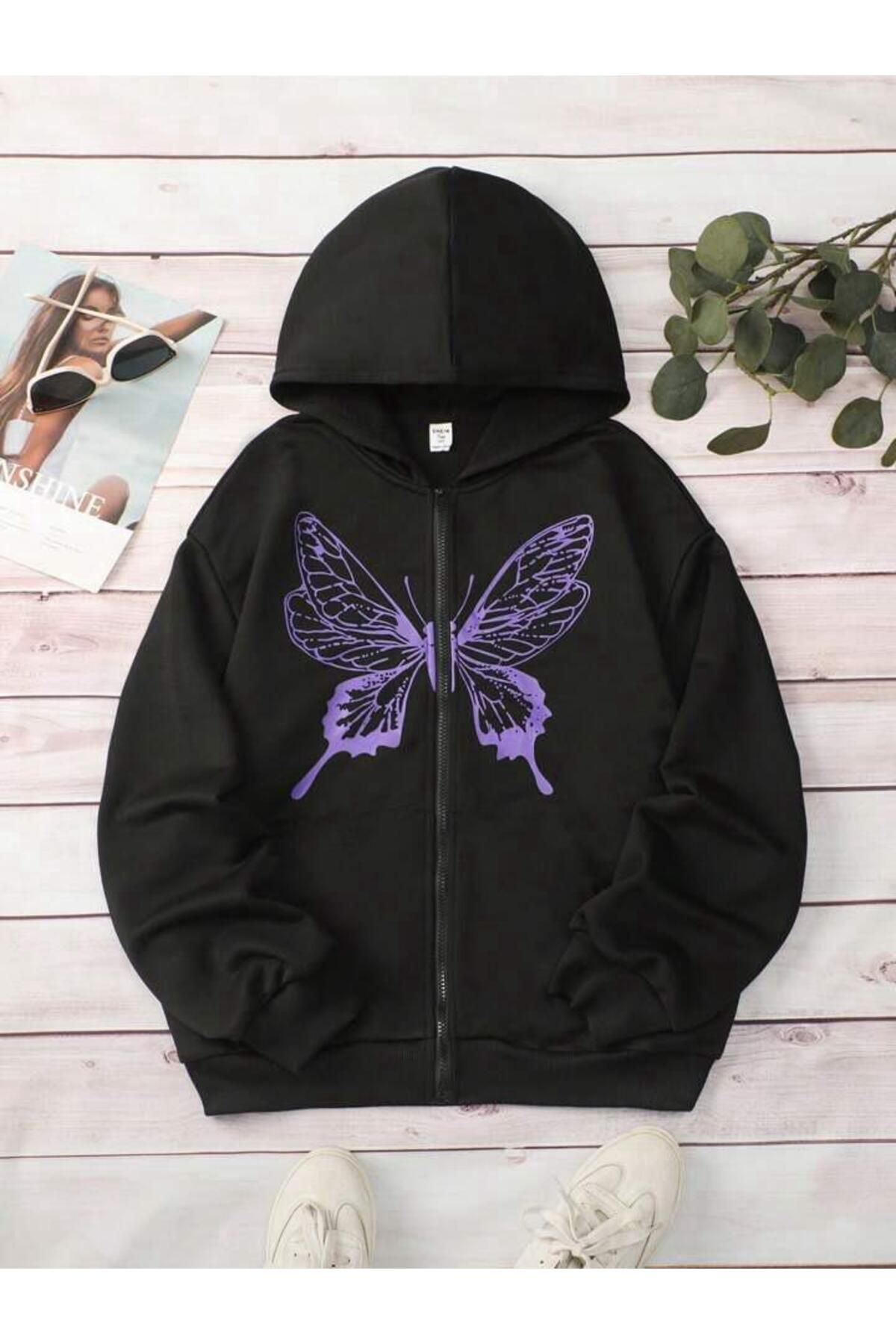 FoxSkin Sportswear&Company Mor Kelebek Logo Pamuklu Çocuk Fermuarlı Hırka - Siyah Baskılı Kız Erkek Çocuk Kışlık Kapüşonlu