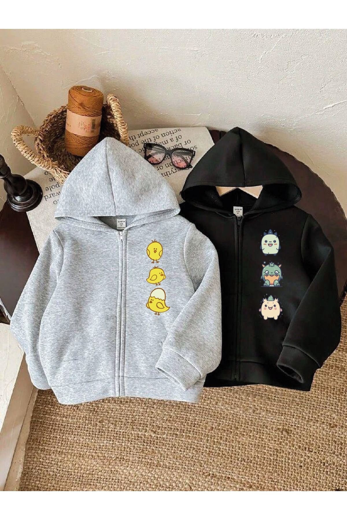 FoxSkin Sportswear&Company 2'Li Civciv Dino Pamuklu Çocuk Fermuarlı Hırka - Gri Siyah Baskılı Kız Erkek Çocuk Kışlık Kapüşonlu