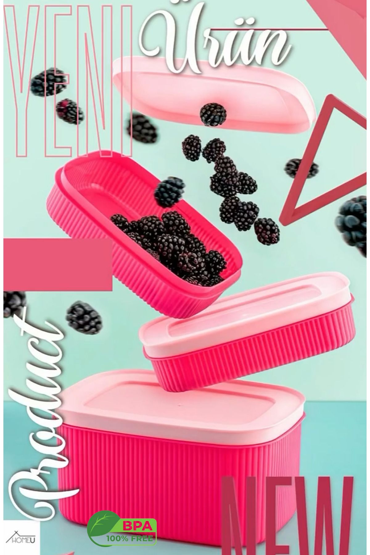 Rapt-3 Pieces Plastic Lid Storage Container with Line Detail Modern Design 2 X 600 ml 1 X 1900 ml 3