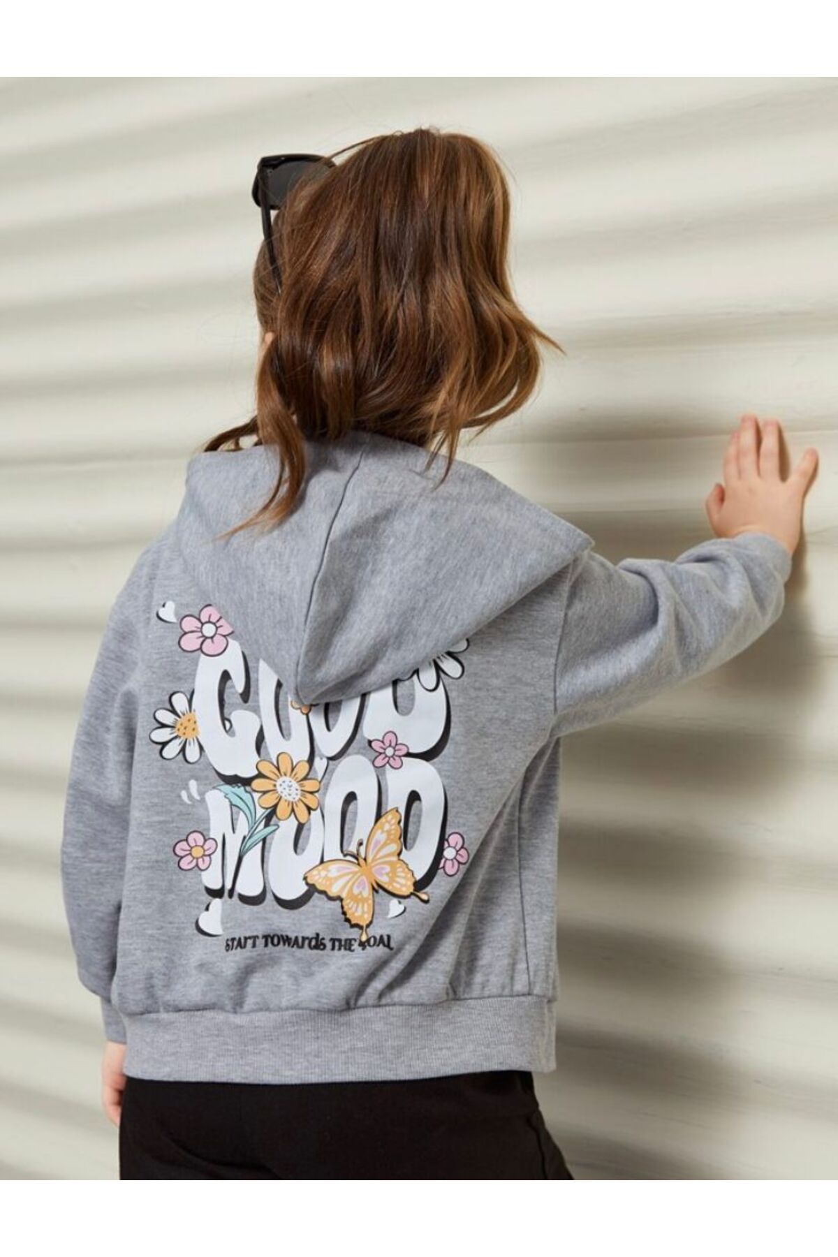 FoxSkin Sportswear&Company Good Mood Pamuklu Çocuk Fermuarlı Hırka - Gri Baskılı Kız Erkek Çocuk Kışlık Kapüşonlu